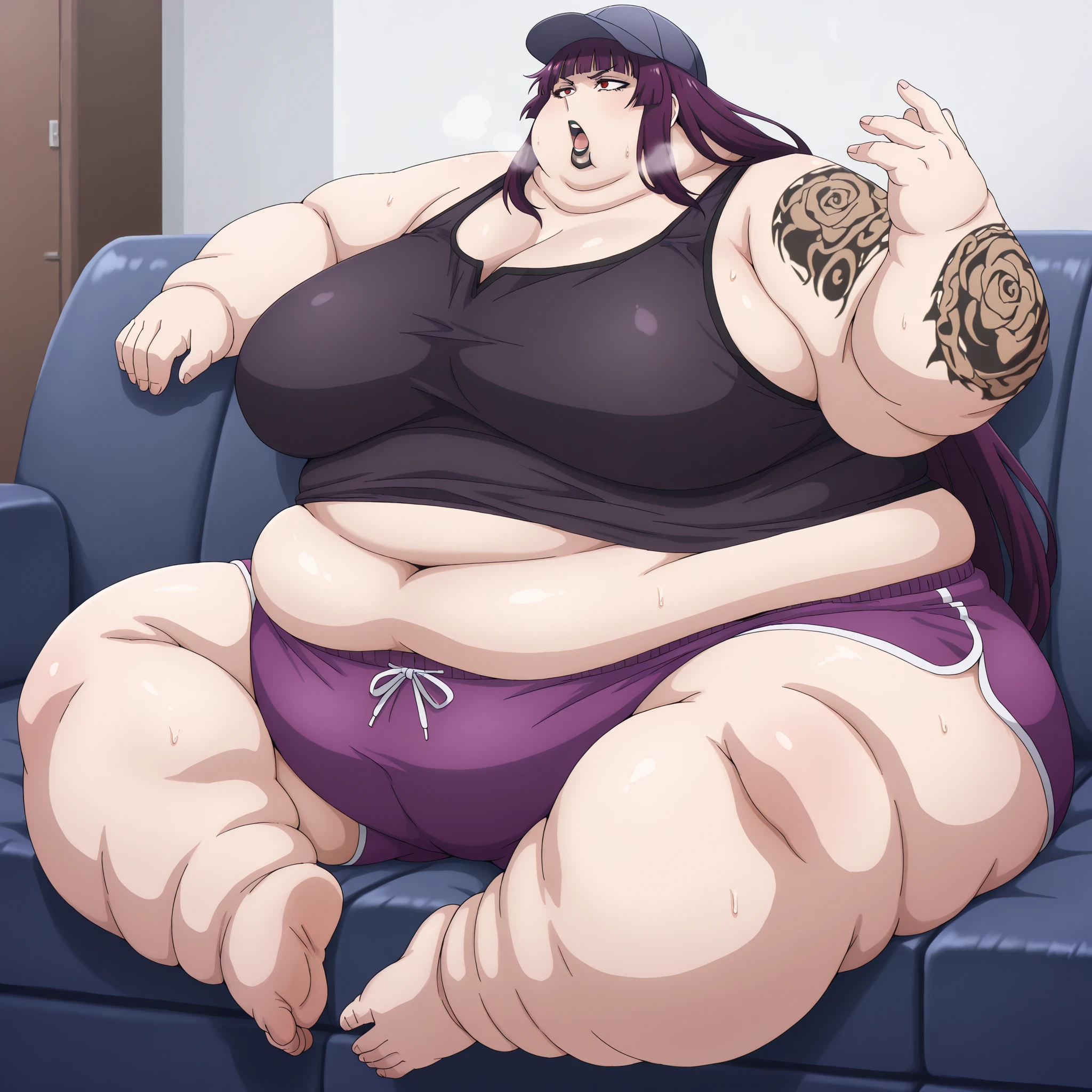kanae_tawata_pm, purple hair, long hair, (arm tattoo:0.8), large breasts, black lips, blunt bangs, red eyes, baseball cap,large breasts, tank top, midriff, dolphin shorts, sitting on couch, fat, chubby, obese, fat neck, multiple chins, big breasts open mouth, out of breath, Larger female, full body shot, only head, large head, oversized limbs, large hands, large feet, oversized feet, oversized fingers, big lips, plump lips, fat face, fupa, big fupa, fat fupa,