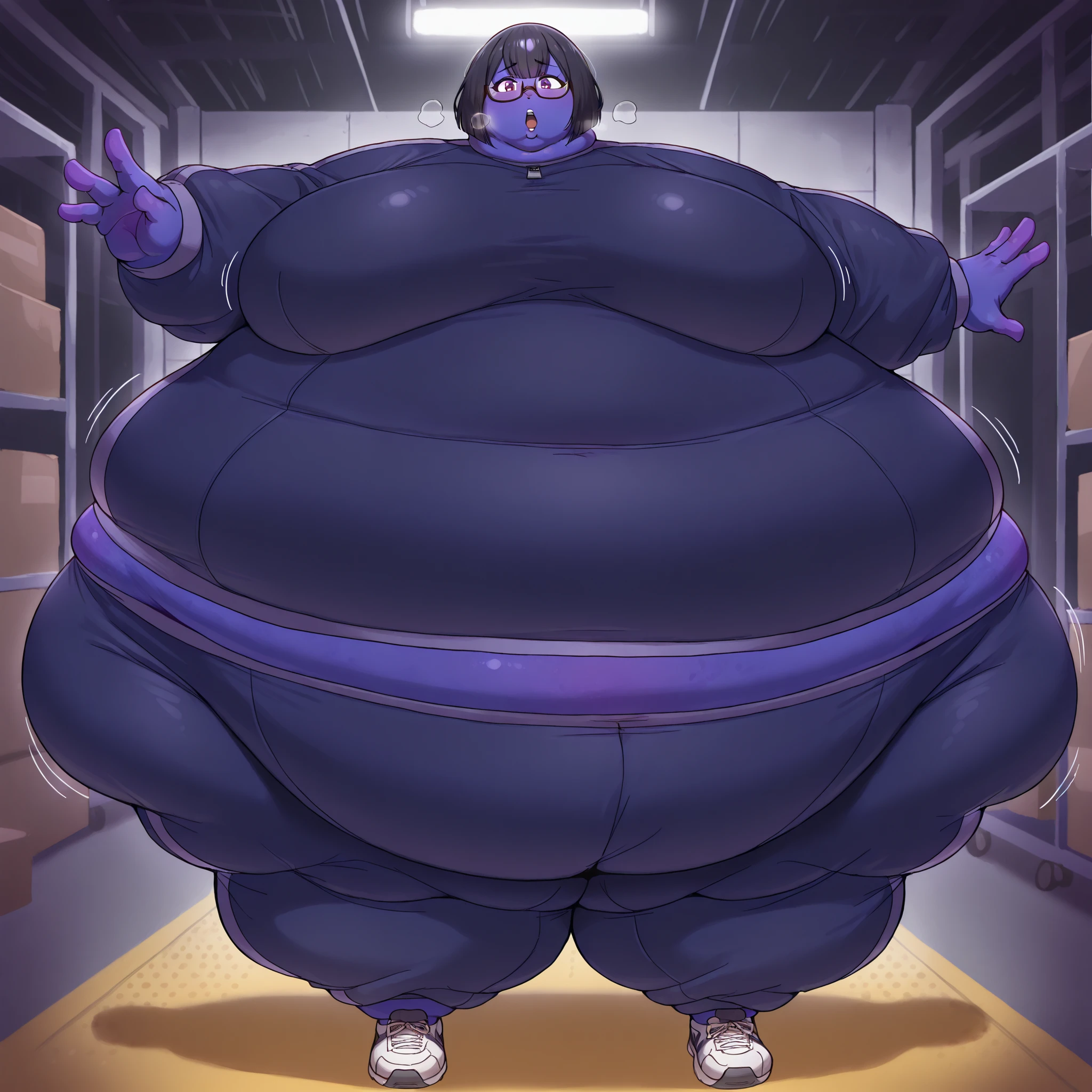 1girl, solo, huge breasts, cowboy shot, looking at viewer, lee bora, under-rim eyewear, short hair, black hair, (mole under mouth:0.8), bob cut, purple eyes,large breasts, warehouse, turning into a blueberry, blue skin, Violet skin, tracksuit, shoes, fat, chubby, obese, fat neck, multiple chins, big breasts open mouth, out of breath, Larger female, full body shot, only head, large head, oversized limbs, large hands, large feet, oversized feet, oversized fingers, big lips, plump lips, fat face, fupa, big fupa, fat fupa, bbinflight
bbinfmedium
bbfinfheavy
bbinfsphere
bbinfbutt