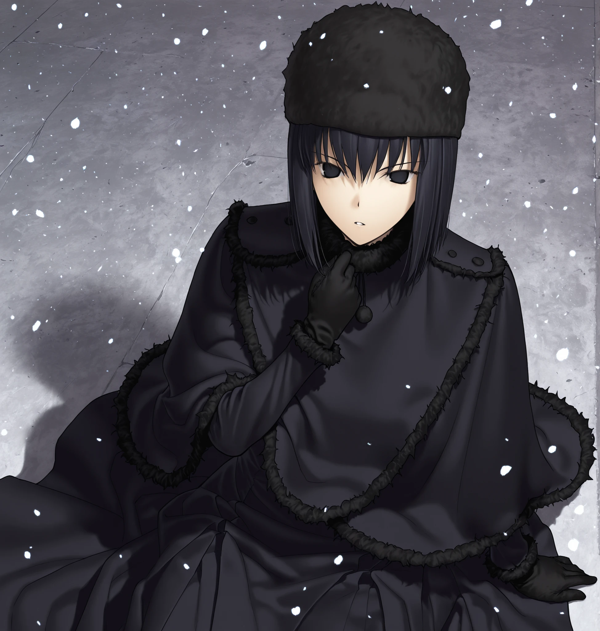 Witch on the Holy Night Style,Kuonji Alice,1girl, solo, gloves, black hair, dress, black eyes,(no pupils), black gloves, capelet, short hair, black dress, sitting, fur trim, ushanka, , looking at viewer, black capelet, hand up, parted lips, snowing, (gray background),(white light),
<lora:Witch on the Holy Night_illustriousXL:1>,from above,