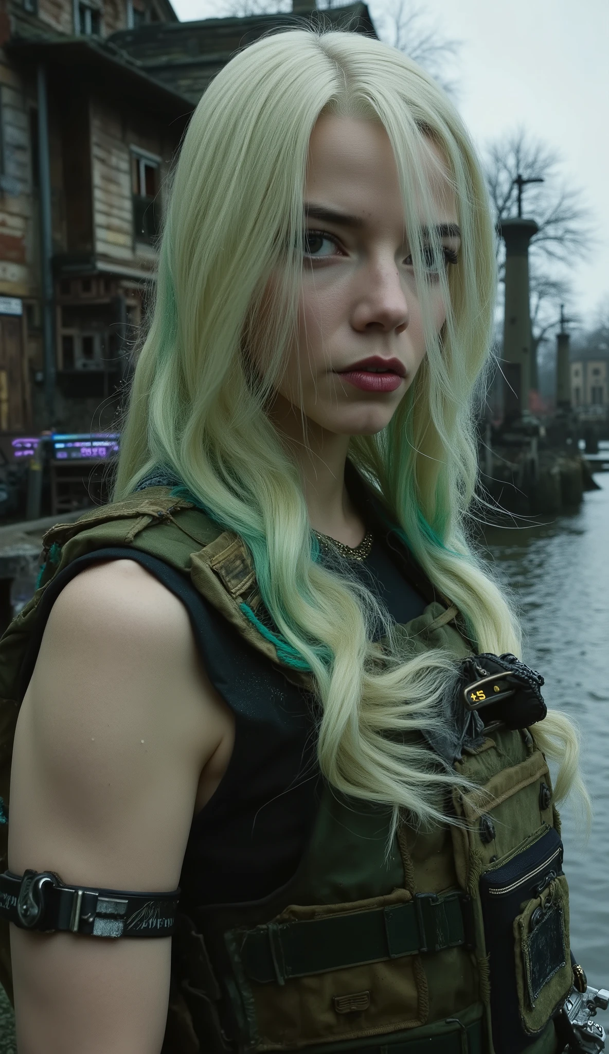 close up Anya Taylor Joy as Sonya Blade from Mortal Kombat with original costume tactical clothing green hair very blond, in the background Destroyed wooden houses, exposed metal plates; rusty military cars, people repairing equipment; muddy lake with cold gray light, neon benches create blue contrast; black marble pilasters with broken gold; smoke, sparks flying , dramatic mood .
Dark cinematic 8K.