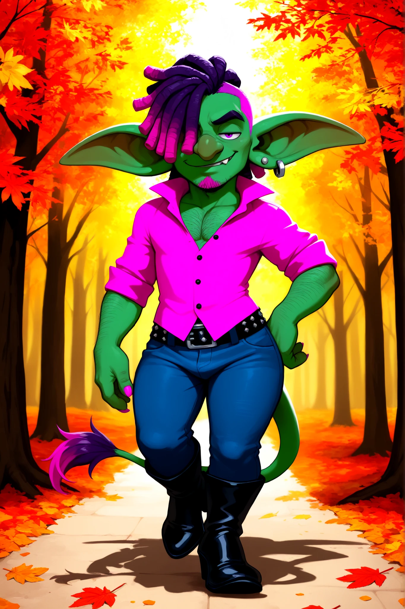 solo, 1boy, no humans, goblin, green skin, dark green skin, purple eyes, fang, long nose, huge ears, pointy ears, lion tail, short, shortstack, , athletic build, abs, pecs, thick thighs, narrow waist, hip thrust to one side, hip focus, swaggering, walk, sashaying, barefoot, body hair, hair, body hair, stubble, goatee, masculine, single earring, sidecut, dreadlocks, purple hair, dyed tips, multicolored hair, pink hair, hair over one eye, masterpiece, ultra detailed, absurdres, perfect quality, amazing quality, highres, full body, looking at viewer, half-closed eyes, parted lips, teeth, smile, smug, walking, front view, walking forward, hand on own hip, arm at side, cocked hip, jeans, high heel boots, pink shirt, collared shirt, partially unbuttoned, popped collar, sleeves rolled up, studded belt, pink nails, finger claws, outdoors, day, autumn, forest, autumn tree, autumn leaves, windy, shadow, detailed background, cinematic lighting, fantasy, pose,
