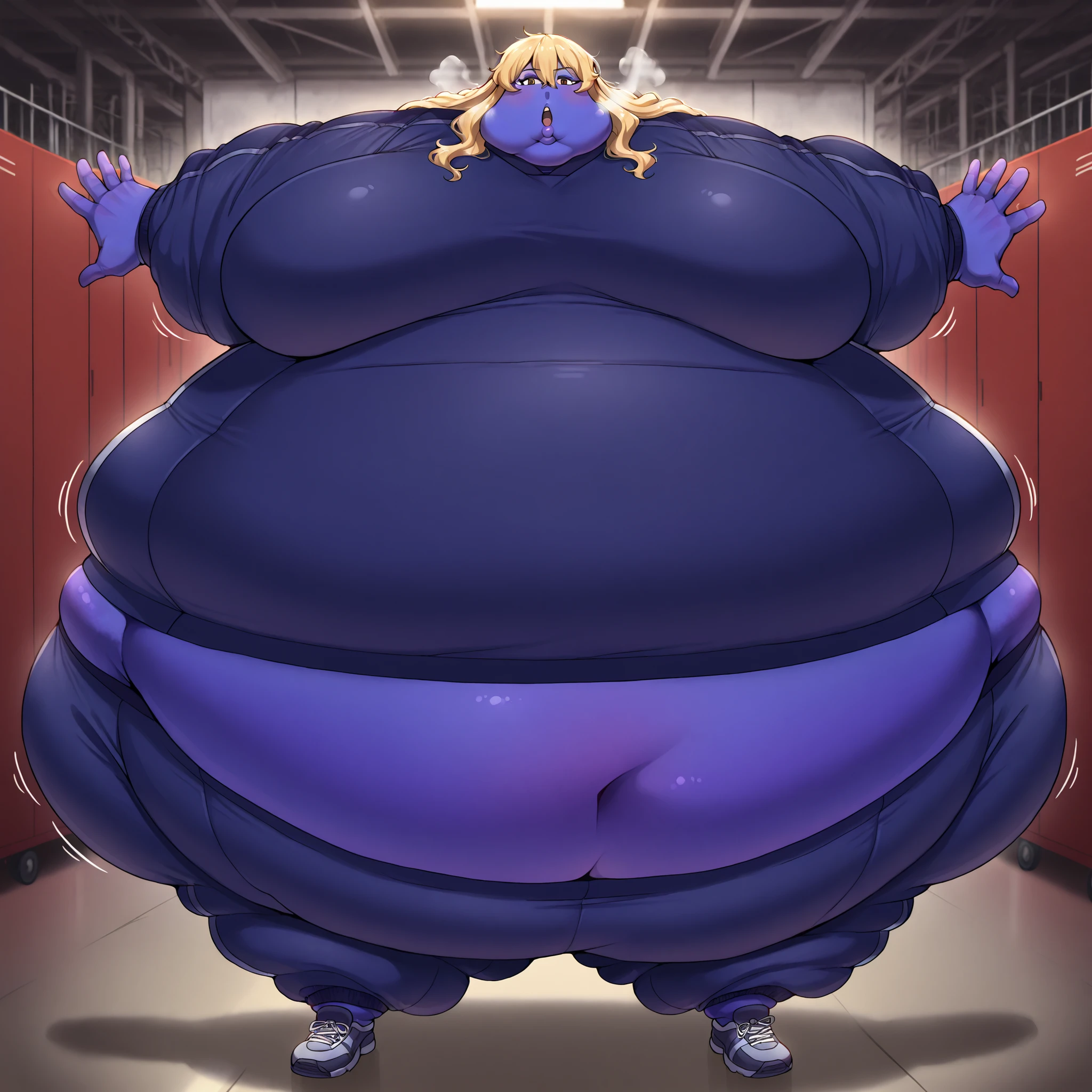 1girl, solo, huge breasts, upper body, looking at viewer, gina, long hair, blonde hair, brown eyes, sidelocks, wavy hair, hair between eyes, warehouse, turning into a blueberry, blue skin, Violet skin, tracksuit, shoes, fat, chubby, obese, fat neck, multiple chins, big breasts open mouth, out of breath, Larger female, full body shot, only head, large head, oversized limbs, large hands, large feet, oversized feet, oversized fingers, big lips, plump lips, fat face, fupa, big fupa, fat fupa, bbinflight
bbinfmedium
bbfinfheavy
bbinfsphere
bbinfbutt
