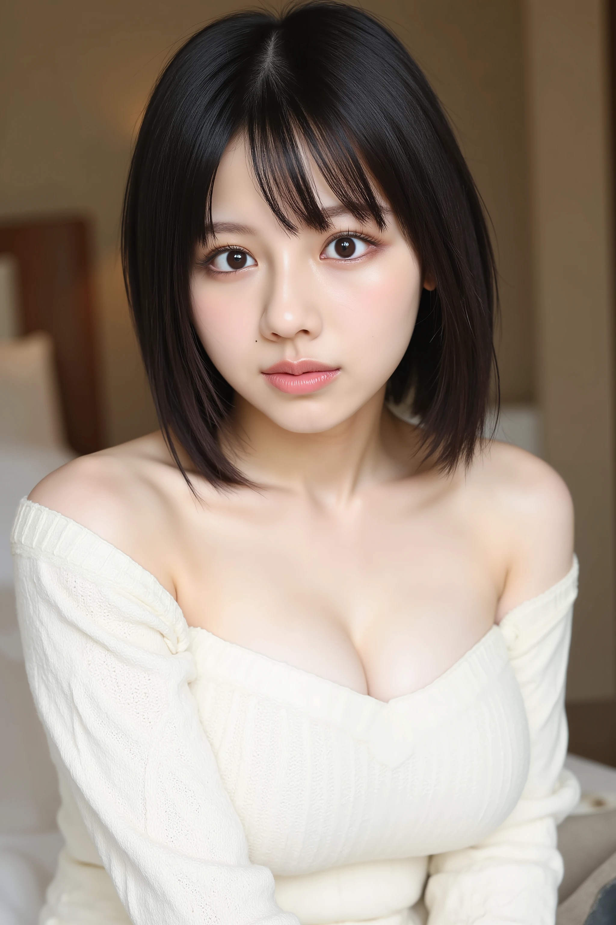 This photo captures a beautiful Japanese woman.
off shoulder sweater, white cable knit, close up, skinny, big cleavage.
The image is very high resolution, with clear skin texture.
The focus is very sharp and focused on her face.
This is an ultra-high resolution image.
She is facing forward.
Natural makeup that looks like no makeup.
She has shiny black hair.
Her skin is beautiful, fair, fine-grained, and even.
hotel, morning,