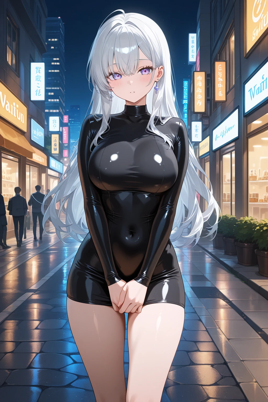 masterpiece, best quality, pretty girl, Shame、embarrassing、 wet swimsuit, See through、in a white swimsuit、 rubbery body, rubbery body, female human body whole body, thick, （ Thin waist and thick legs, student magazine models, smile、（0.01mm rubber products、rubber that wraps around the penis、High leg tank suit made of condoms、extremely thin latex suit））、（（Bitch、Slut））、（Shooting in the city、crowded building area、in the crowd）、（Girls who want to expose their skin、attracting the attention of many people、popular girls）、full body esbian