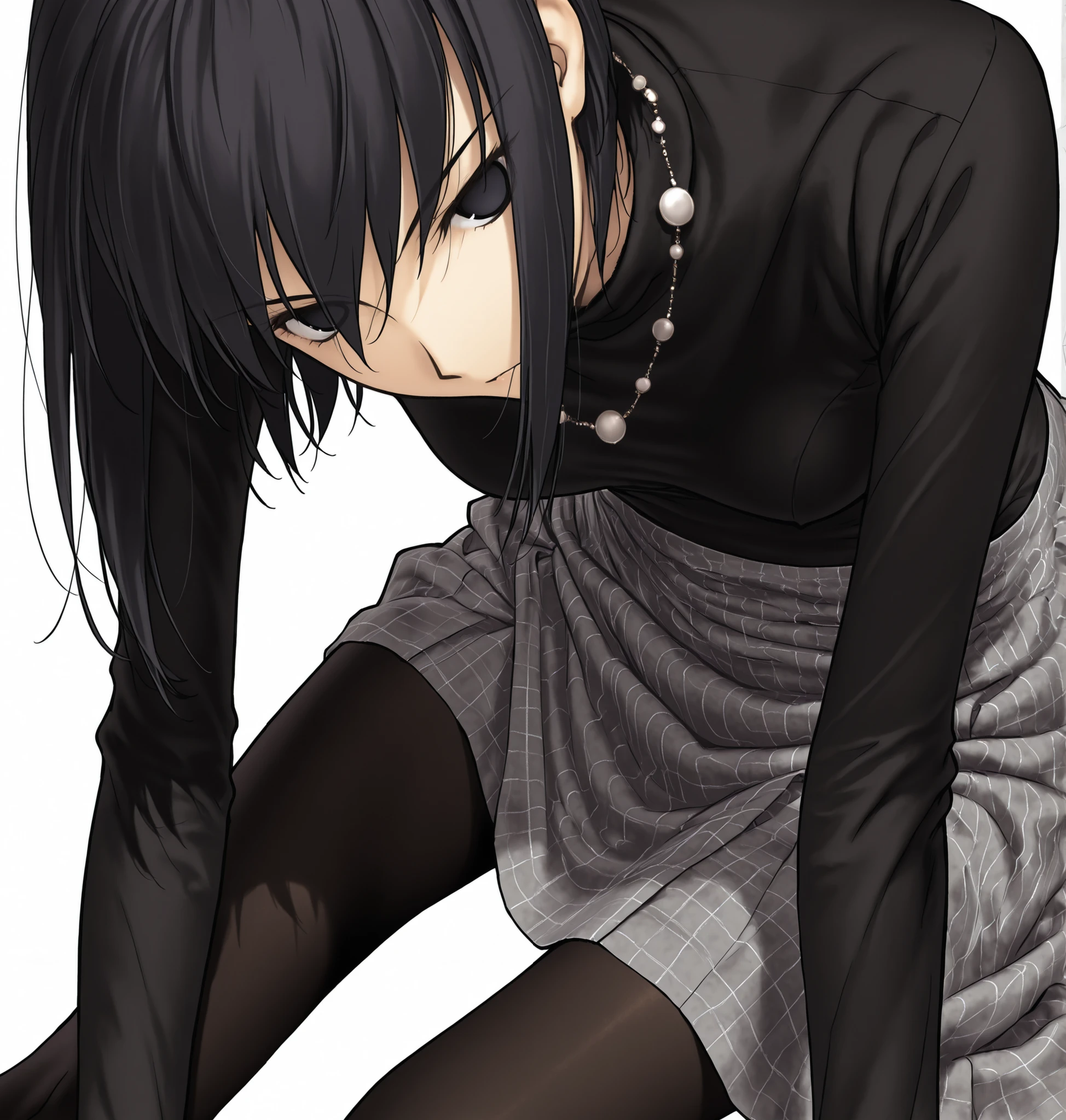 masterpiece, , absurdres, highres, detailed background, high resolution, necessary, detail, best quality, quality, details, High details, Precise, 8k, (flat color),(white background, simple background) , from above, cowboy shot, <lora:Witch on the Holy Night_illustriousXL:1>,
1girl, solo, (type-moon,) style, koyama hirokazu style, (aged up:1.2) , sitting, (yokozuwari),(head tilt),((bent over, knee up)),
tall girl, ,long arms,(slim body, ),<lora:alice kuonji:1> , <lora:witch on the holy night style:1> ,kuonji alice ,black hair ,short hair ,hair between eyes ,black eyes, , (no pupil), , Alice_Casual, black sweater, turtleneck, grey skirt, necklace, ,jewelry, black pantyhose, , ,looking at viewer, small breasts, ,