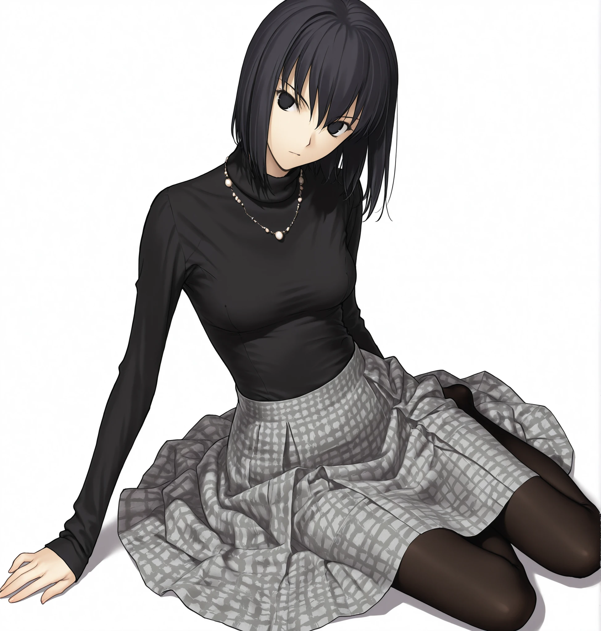 masterpiece, , absurdres, highres, detailed background, high resolution, necessary, detail, best quality, quality, details, High details, Precise, 8k, (flat color),(white background, simple background) , from above,  cowboy shot, ,                                            
                                                                                                                                                                                                                         1girl, solo, <lora:Witch on the Holy Night_illustriousXL:1> ,koyama hirokazu style, (aged up:1.2) , sitting, (yokozuwari),(head tilt), , 
   
girl, ,long arms,(slim body, ),<lora:alice kuonji:1> , <lora:witch on the holy night style:1> ,kuonji alice ,black hair ,short hair ,hair between eyes ,black eyes, , (no pupil), , Alice_Casual, black sweater, turtleneck, grey skirt, necklace, ,jewelry, black pantyhose,  ,  ,looking at viewer, small , ,                                                                                                                                                                                                                                                                                                                                                                                                                                                                                                                                                                                  