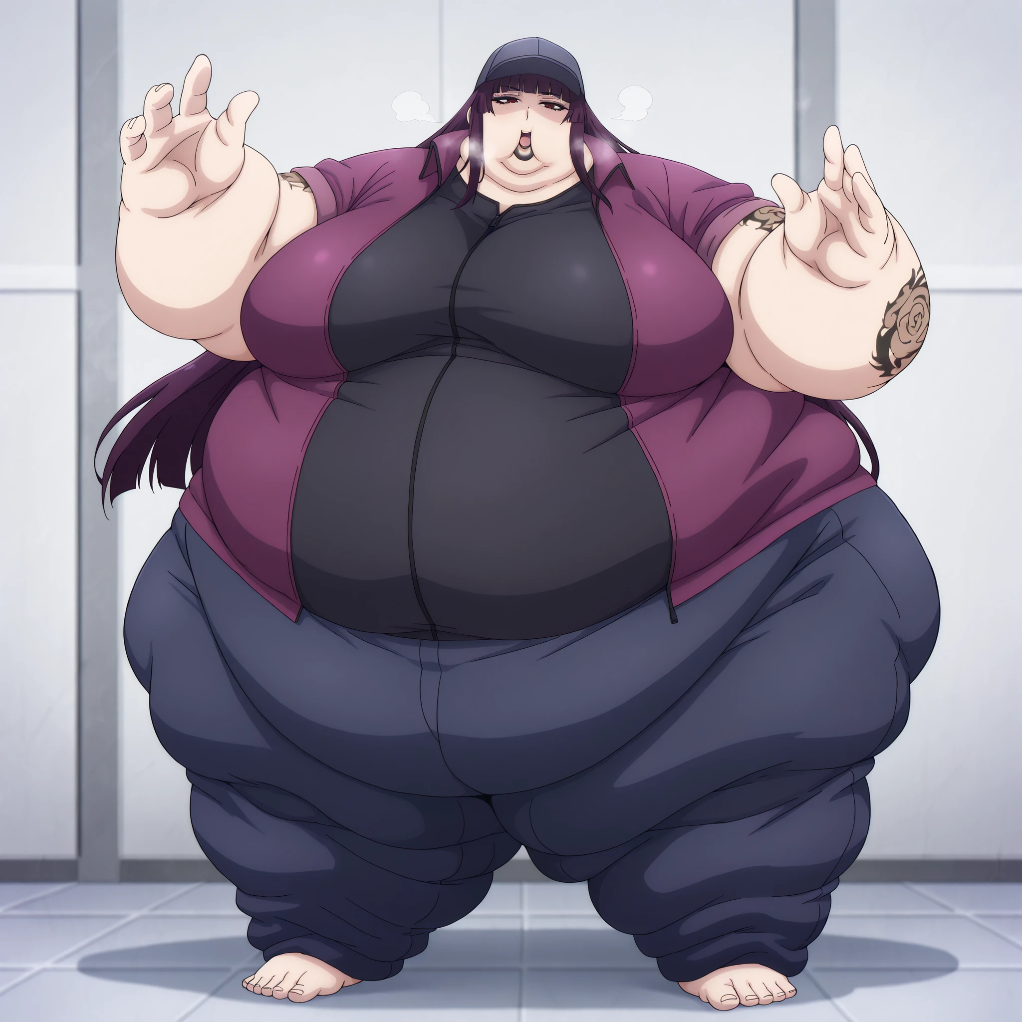 best quality, highly aesthetic, absurdres, masterpiece, kanae_tawata_pm, purple hair, long hair, (arm tattoo:0.8), large breasts, black lips, blunt bangs, red eyes, seductive smile, jacket, pants, baseball cap, fat, chubby, obese, fat neck, multiple chins, big breasts open mouth, out of breath, Larger female, full body shot, only head, large head, oversized limbs, large hands, large feet, oversized feet, oversized fingers, big lips, plump lips, fat face, fupa, big fupa, fat fupa,