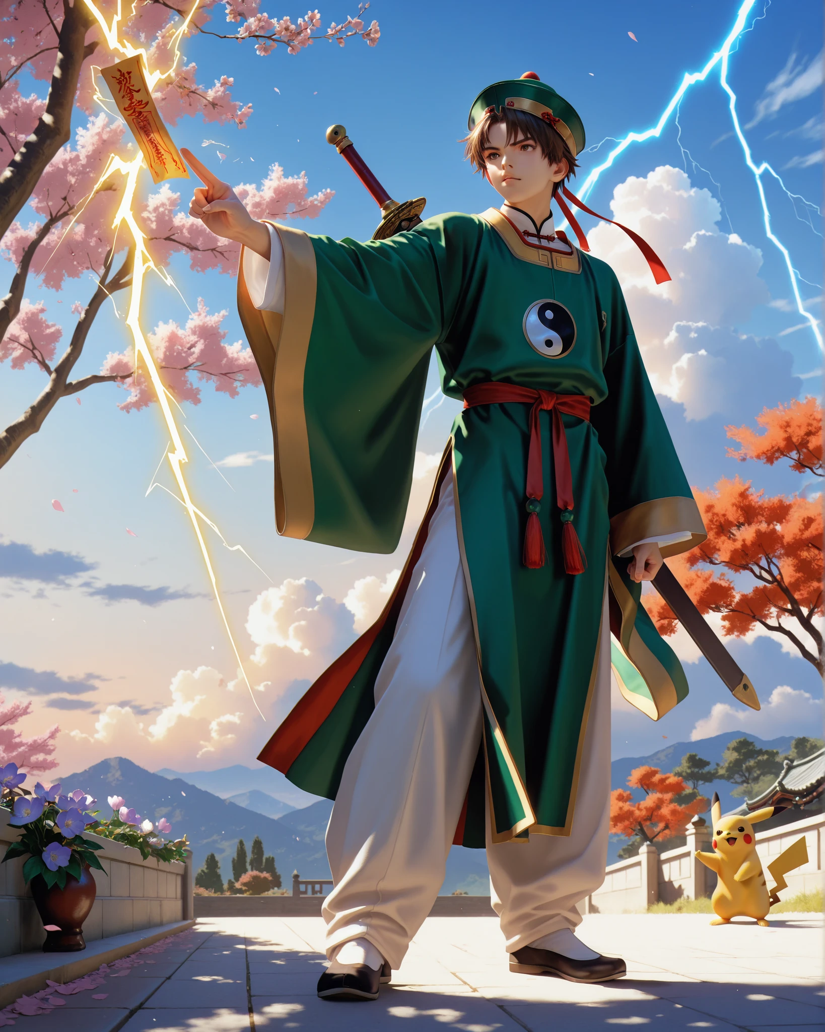 (masterpiece, absurdres, realistic:1.2), (photorealistic:1.5), best quality, Ultra High Resolution, 1boy, RiShaoran, japanese boy, very handsome, perfect face, cute face, intricate detail, clear and beautiful detailed eyes, detailed skin, pale skin,
male focus, solo, brown hair, brown eyes, hat, green headwear, chinese clothes, shirt, white shirt, pants, white pants, robe, green robe, yin yang, long sleeves, wide sleeves, perfect hand, the index and middle fingers of the right hand holding a vertical talisman (the talisman has four large chinese characters "雷帝招來" in the middle, lightning magic flashes around it), left hand holding a sword, He is battling a yellow Pikachu with lightning magic, Excellent body proportions, perfect anatomy, dynamic pose, full body,
outdoor, sky, cloud, flower, tree, cinematic composition, soft lighting, Cinematic Lighting, deep shadows, Bright colors,