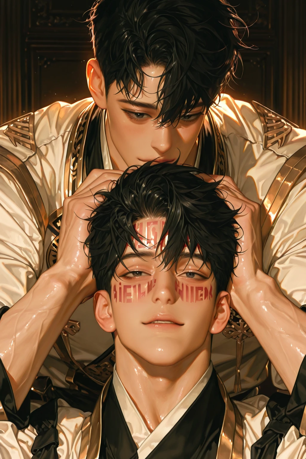 depict a small group of korean guys witj a range of these looks tall lean very buffed korean guy with dark or medium naturally wavy red brown hair kinda angular angles sculpted look and face very light hazel or amberlike or even goldden honey colored eyes yellowish olive complexioned show guy with a variance of this type of looks