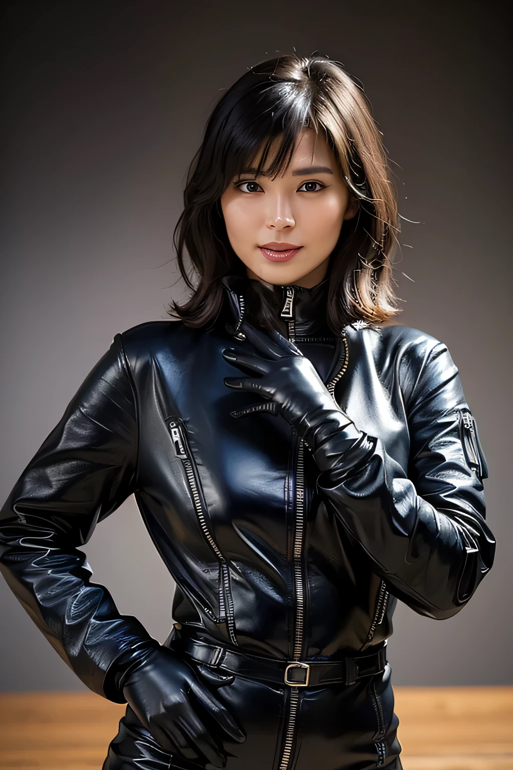 (Realism:1.4),Japanese female new recruits (big breasts)(slender body shape)(Black leather gloves cover both hands) ,Intricate details,Anatomical basis,Depicted in detail,A detailed face,Realistic skin texture,Vivid details,Perfect Anatomy,Perfect Anatomy,Anatomically correct hand,Anatomically correct fingers,Japanese Beauty star,pose(standing),No background,look at me smile,A body that makes you want to touch it,foxy make up,The most beautiful stars,she is Wearing (((long sleeve skintight leather 1pc clothes))(black leather)(((close the zipper tightly)))) and ((one waist belt)(Black leather)(metal buckle)) and ((Skinny long pants(Black leather))) and ((((gloves)))(black leather)),intelligent and beautiful star model,(chin is thin),Costume made of thick leather fabric,Black short Wavy hair,Swept bangs,side view, under huge breasts,look at viewer,3/4 shot photo,