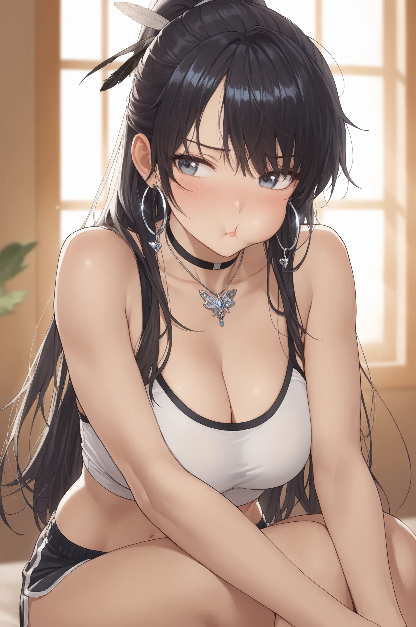 (detailed), perfect face, brown skin anime woman in a deep V-neck tied top, ( shoulders), (jeans), (long hair), starving, (resting hands on the stomach), (hands on the stomach), (slim woman), (smooth and shiny skin), sleeping, ((best quality)), ((masterpiece))