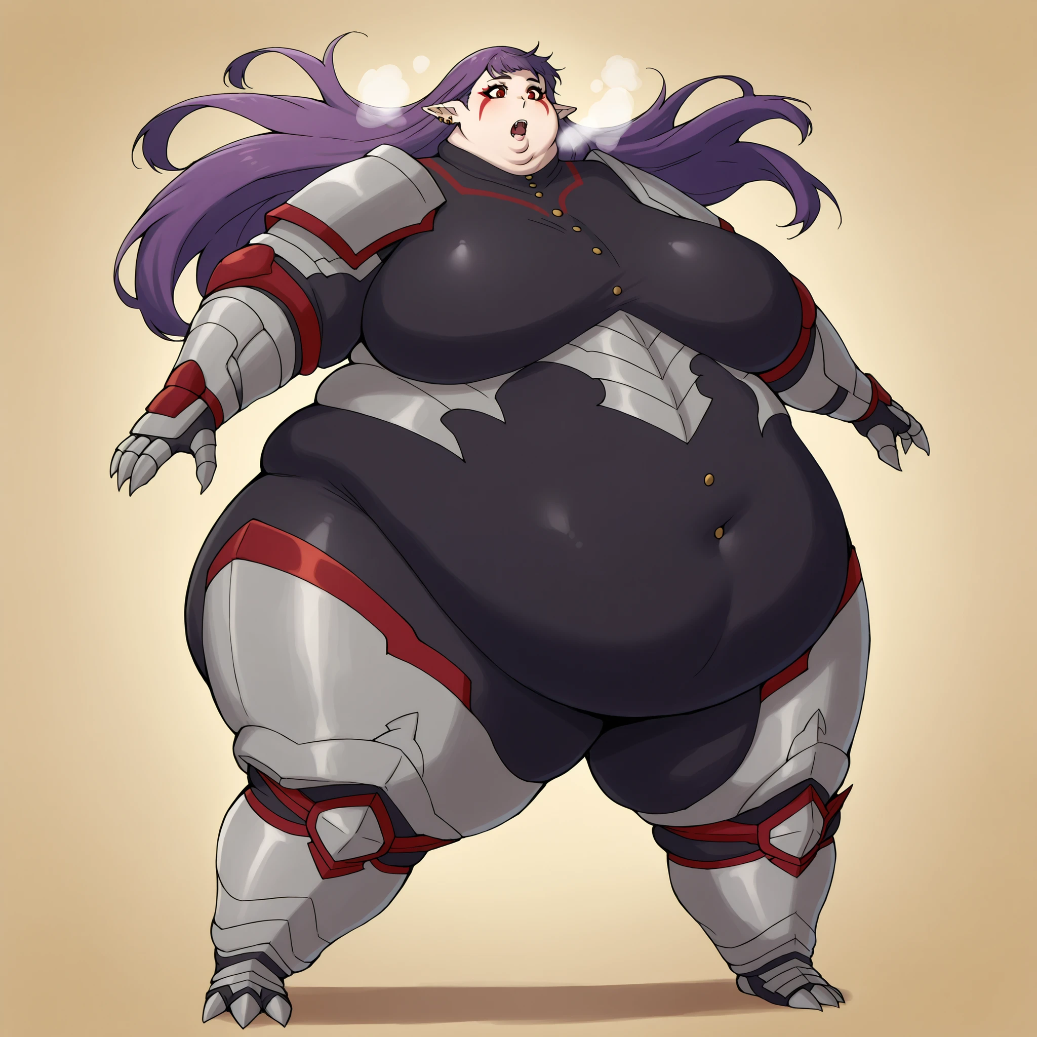 1girl, solo, open mouth, fangs, floating hair, long hair, purple hair, red eyes, facial mark, pointy ears, earrings, EsilGreyArmor, black bodysuit, red trim, buttons, grey armor, blue elbow pads, gauntlets, greaves, fat, chubby, obese, fat neck, multiple chins, big breasts open mouth, out of breath, Larger female, full body shot, only head, large head, oversized limbs, large hands, large feet, oversized feet, oversized fingers, big lips, plump lips, fat face, fupa, big fupa, fat fupa, 