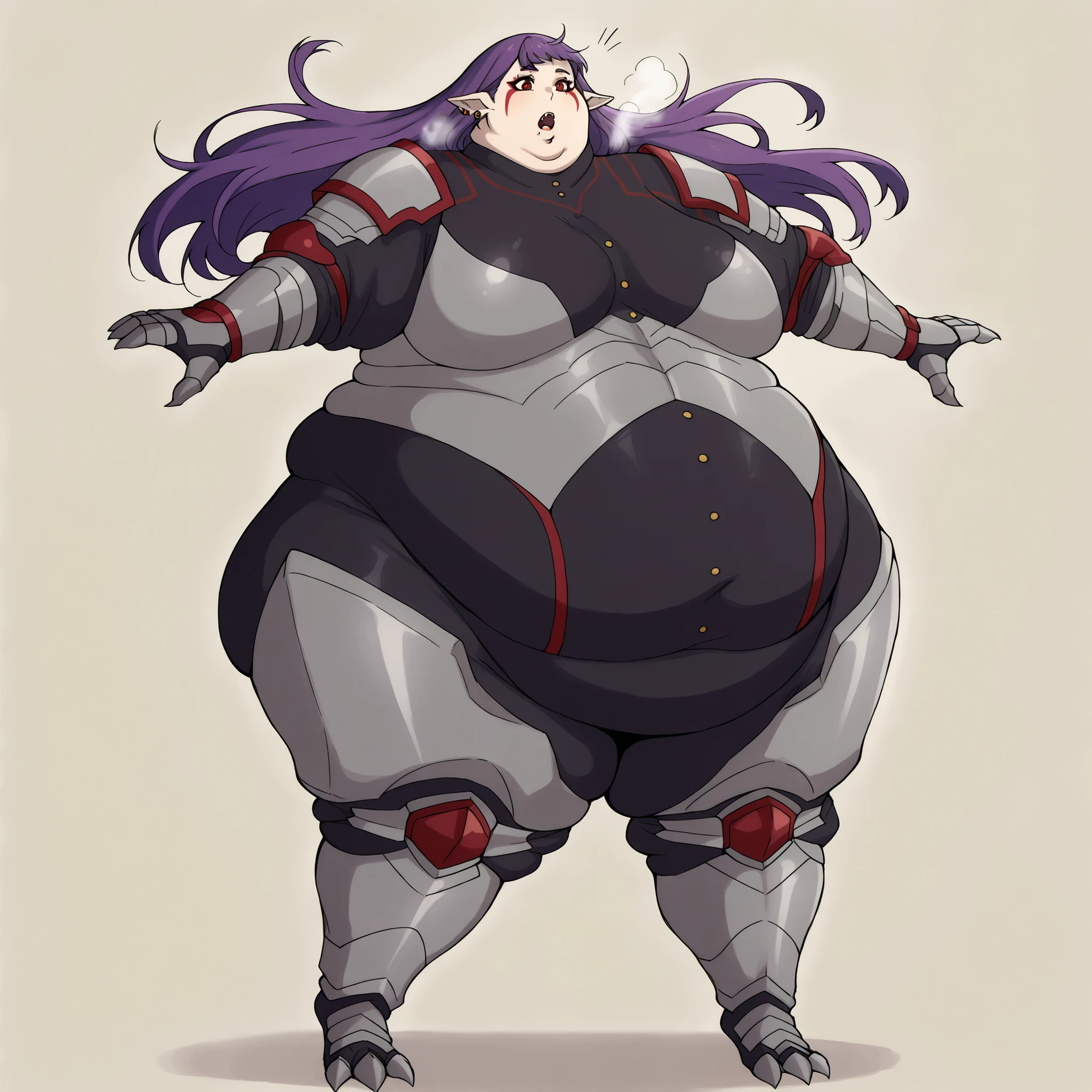 1girl, solo, open mouth, fangs, floating hair, long hair, purple hair, red eyes, facial mark, pointy ears, earrings, EsilGreyArmor, black bodysuit, red trim, buttons, grey armor, blue elbow pads, gauntlets, greaves, fat, chubby, obese, fat neck, multiple chins, big breasts open mouth, out of breath, Larger female, full body shot, only head, large head, oversized limbs, large hands, large feet, oversized feet, oversized fingers, big lips, plump lips, fat face, fupa, big fupa, fat fupa, 