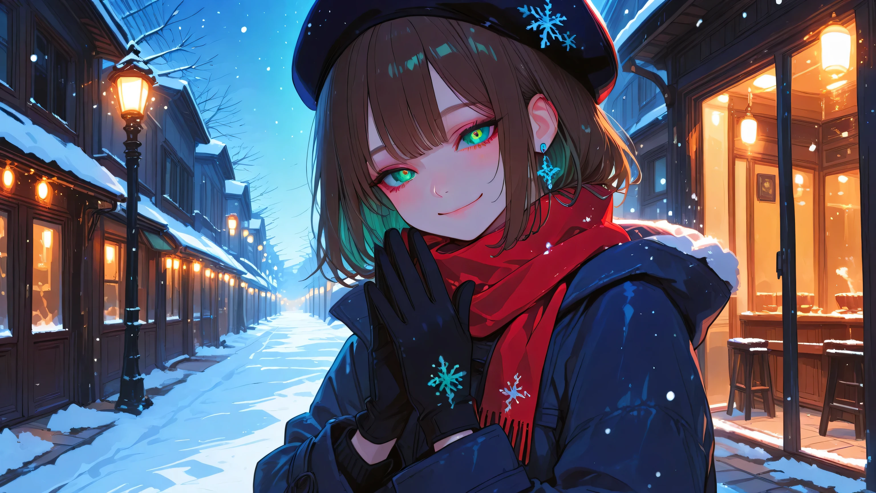 masterpiece, best quality, newest, absurdres, highres,
1girl, solo, short dark brown hair, shiny beautiful green eyes, expressive and lively eyes with bright reflections,
joyful smile, cheerful and elegant expression, full of winter joy,
wearing retro elegant winter outfit: long stylish coat, scarf, gloves, and beret hat,
standing or playing joyfully outside on a snowy street at night,
snowflakes gently falling around her, soft glow from streetlights and shop windows,
vintage city background with warm lights reflecting on snow,
soft warm and cold light balance (amber and blue tones),
beautiful cinematic lighting, magical winter night atmosphere,
modern anime illustration style, detailed background,
perfect , realistic posture,
focus on her expressive eyes and elegant joyful aura,
cozy retro aesthetic, energetic yet graceful mood,
no extra hands, no extra fingers, no extra limbs, no earphones