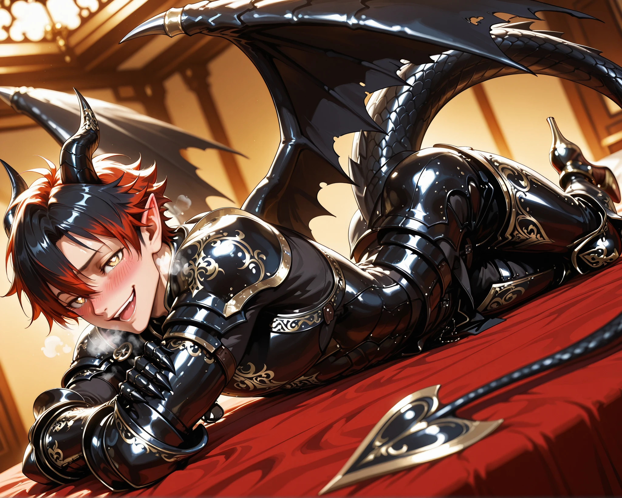 score_9, score_8_up, score_7_up, absurdres, (((128K Ultra High Resolution))), (masterpiece, best quality: 1. 5), (high definition: 1, 4), (highres), 8K wallpaper, (excellent graphics: 1. 5), CG, (((Japanese Anime style))), (1 male), (solo), (((lean body, masculine))), weredragon, glossy black, shiny black leather, (((beautiful golden eyes, finely detailed eyes, bright eyes, heart symbol eyes))), hair between eyes, black hair, long hair, sideburns, wild hair, (((sadistic smile, naughty face, open mouth))), ((ultra detailed face)), (((blushing, heavy breathing))), shiny skin, long pointy ears, twisted torso, long-legged, sculpted face, wasp waist, dragon horn, dragon tail, dragon wings, dragon sharp claws, (black armor with a lot of grandiose decorations: 1. 5), half dragon half human, (on a luxurious bed, lying on stomach with buttocks up, bed waiting for you: 1. 5), (looking straight into the camera, dutch angle, dynamic pose: 1. 5), (ultra detailed black armor, well-polished black armor: 1. 5), (gold-adorned armor: 1. 5), all black outfit, full body, good-looking man, (best illustration, highly detailed artwork: 1. 5), dramatic lighting, (intricate detail, extreme detailed, super detailed: 1. 5), (stark contrast, heavy shadows: 1. 3), ((detailed black decorations)), beautiful & aesthetic, photoreal, (from the back), (mysteriously crafted black metal armor: 1. 5), thick & luxuriant hair, (ultra detailed fantasy black armor, wonderful black armor: 1. 5), (realistic metal texture), broad shoulder, true-to-life visuals, artistically refined, (extremely delicate & beautiful armor, elaborate armor details: 1. 5), (giant black armor, dark armor, stylized armor: 1, 5), (((armor-type high heels))), (extremely detailed armor with intricate engravings, intricate armor with gold ornaments: 1. 5), (very gorgeous and dazzling), (dark fantasy black knight: 1. 5), slim waistlines, wide chested, sinewy body, (Hyper Detailed & Perfectly Designed Black Armor: 1. 5), (luxury bedroom)