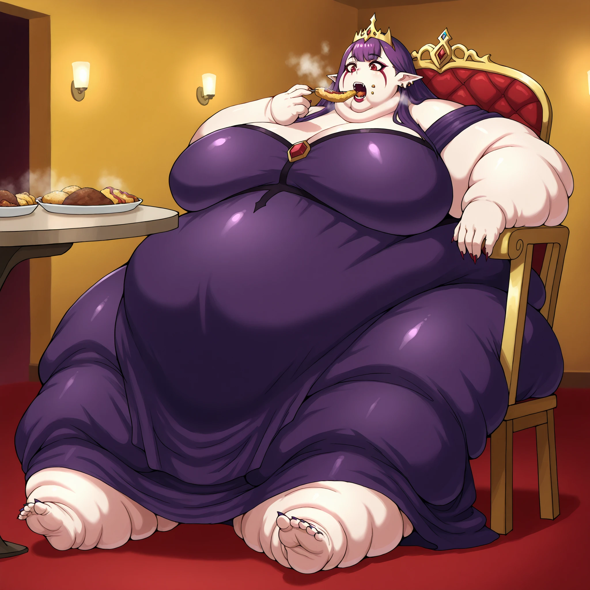 1girl, solo, open mouth, fangs, long hair, purple hair, red eyes, facial mark, pointy ears, earrings, Esil, royalty, dress, crown, makeup, lipstick, painted nails, fat, chubby, obese, fat neck, multiple chins, big breasts open mouth, out of breath, Larger female, full body shot, only head, large head, oversized limbs, large hands, large feet, oversized feet, oversized fingers, big lips, plump lips, fat face, fupa, big fupa, fat fupa, sitting on chair, sitting down, table, dinning room, in front of tones of food, eating food, food in mouth, force fed, force feeding, (lora:force-feeding-ponyxl-lora-nochekaiser:1>, force-feeding, feeding, forced, full mouth, food, eating), rush of food, reclining back on chair, Extremely obese　puffy puffy fat　Body Length