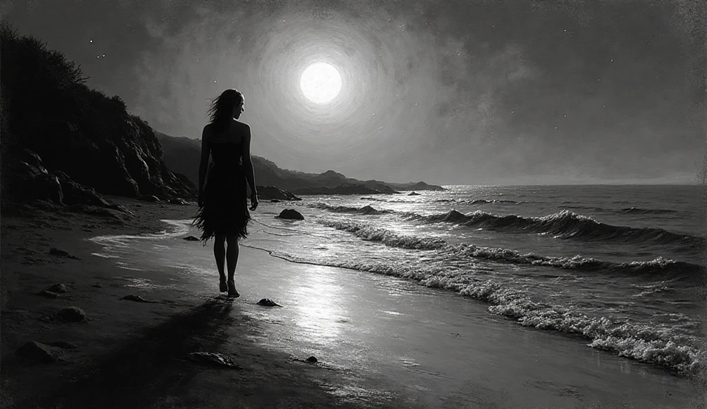 a dejected woman, black lace dress, leans on a wooden post, beautiful landscape with sea and moon (art inspired by Bill Sienkiewicz, intricate details, oil painting)