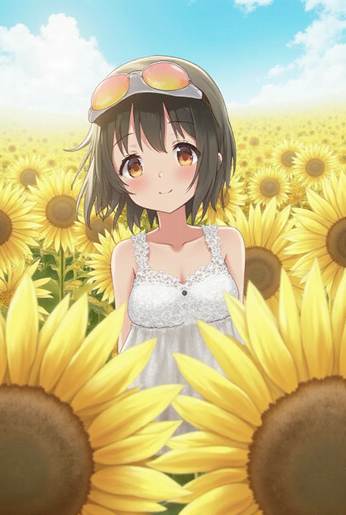 (masterpiece, Highest quality:1.2), One girl,alone, alone,Completely ,cute,masterpiece,Pretty and beautiful girl,Amami Haruka,(smile:1.2),Cowboy Shot,Braided sandals,The background is a colony of sunflowers,Sunlight sparkling,Realistic skin texture,Low - Angle、Completely 、