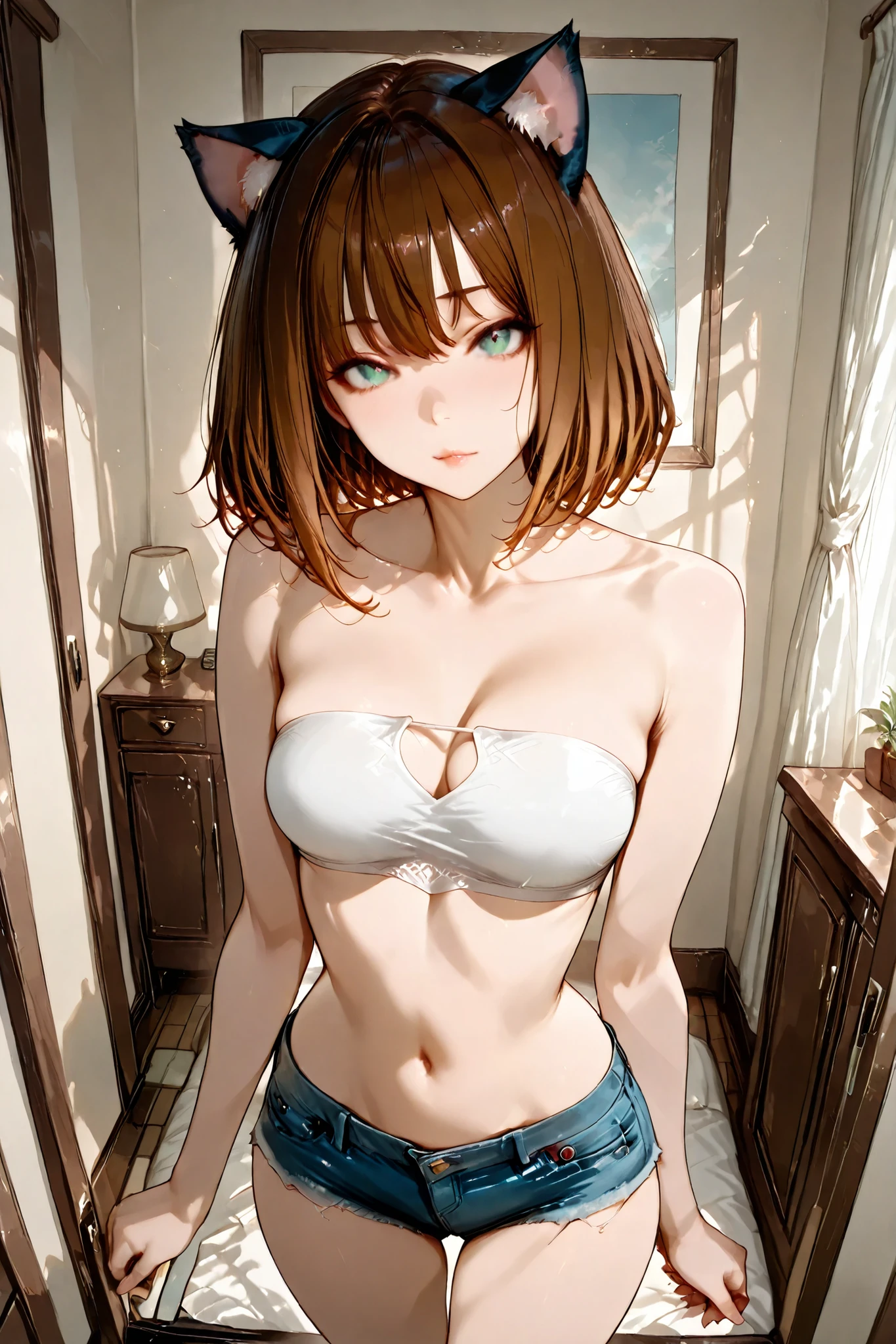 Masterpiece, best quality, ultra-detailed, 8k, rich-contrast.
A gothic-influenced catgirl, feminine curves, beautiful decollete, softly shining skin, collarbone-length chestnut-brown hair with smooth, beautiful eyes, delicate lips, cat ears matching hair color.
She wears a white bandeau, denim mini shorts.
On a private room, sweet atmosphere, balanced-exposed and soft shadows,
standing beside the bed, provocative posture, softly glancing at the viewer with innocent allure.
Intimate medium shot, slightly low angle.