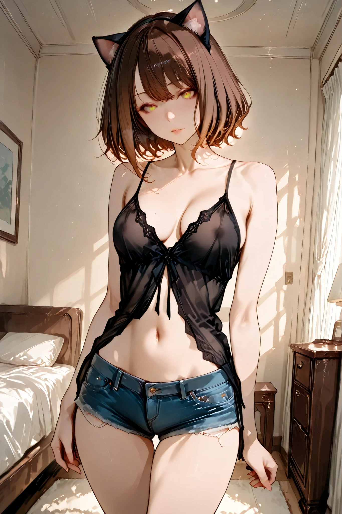 Masterpiece, best quality, ultra-detailed, 8k, rich-contrast.
A gothic-influenced catgirl, feminine curves, beautiful decollete, softly shining skin, collarbone-length chestnut-brown hair with smooth, beautiful eyes, delicate lips, cat ears matching hair color.
She wears a bratop, denim mini shorts.
On a private room, sweet atmosphere, balanced-exposed and soft shadows,
standing beside the bed, provocative posture, softly glancing at the viewer with innocent allure.
Intimate medium shot, slightly low angle.