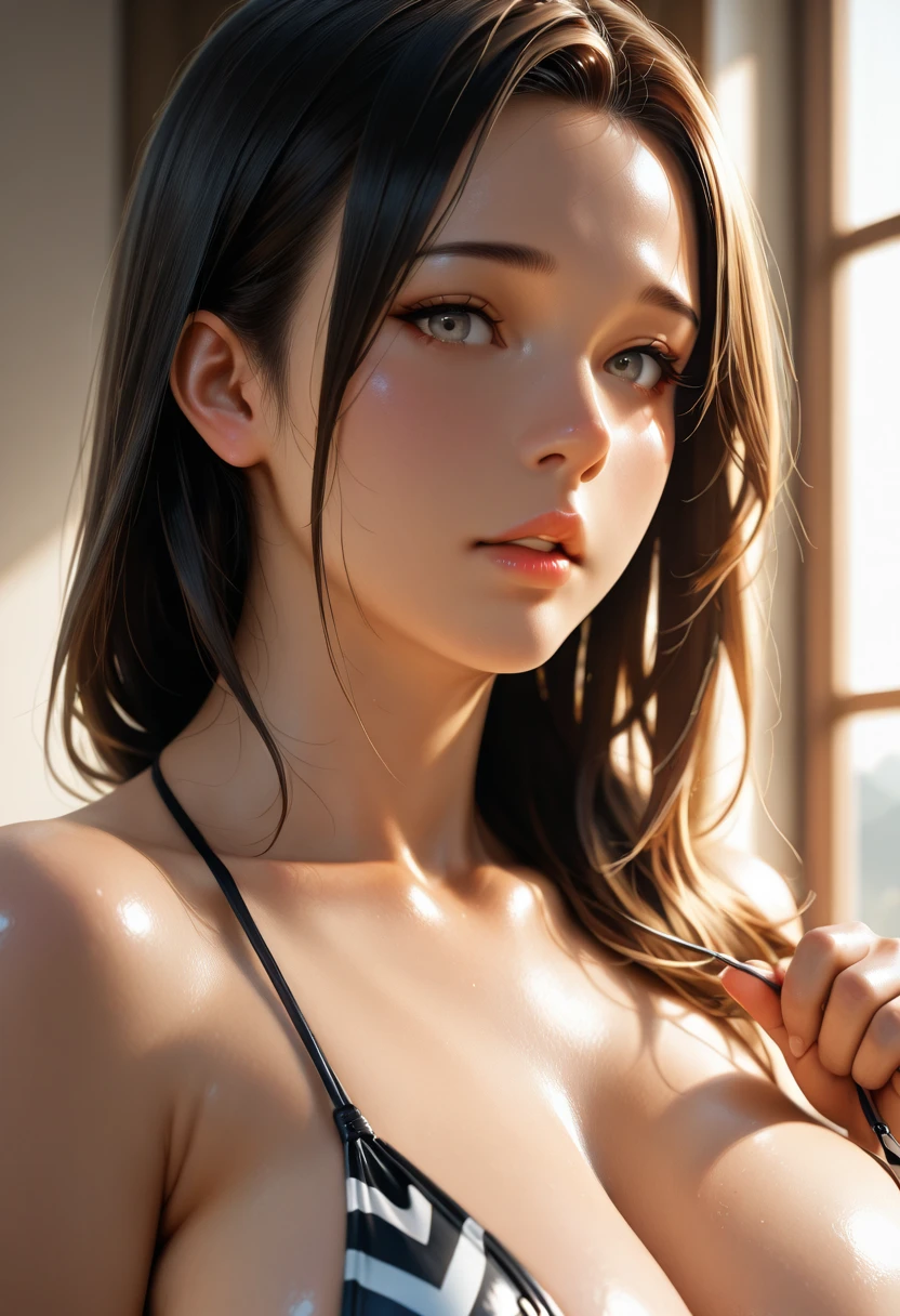 masterpiece, best quality, RAW photos, high resolution, hyper-detailing, Focus on the face, looking at viewer, Detailed eyebrows, realistic beautiful eyes, realistic glossy skin, straight Bangs, realistic movie lighting, detail shaded, high contrast, Slender, big boob, , Exposed cleavage, ,  face, Facial expressions when receiving pleasure, ((Dark background)),