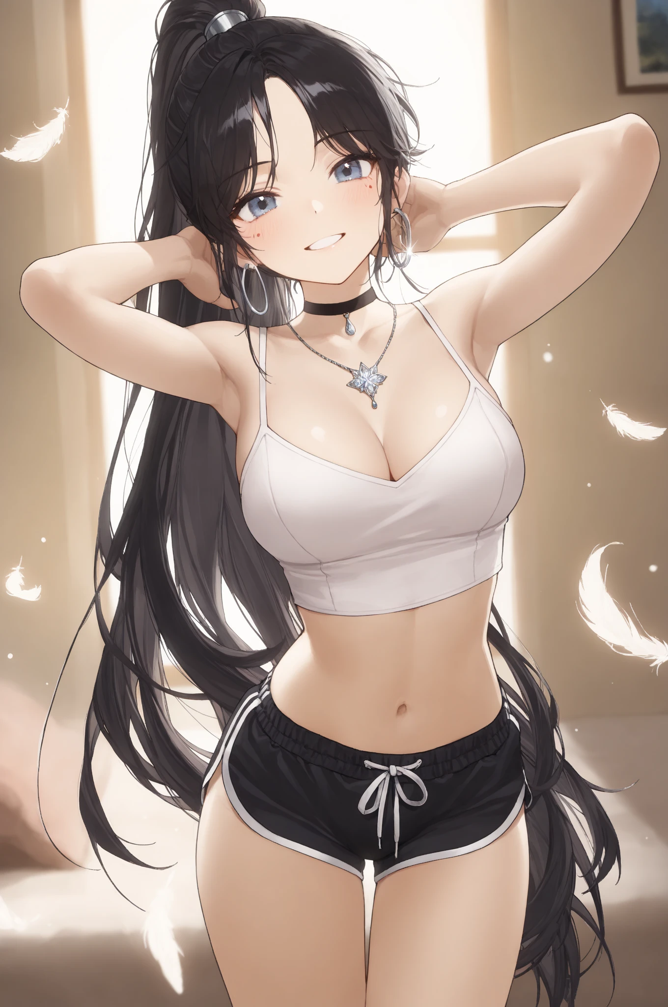 masterpiece, best quality, 1girl, solo, long hair, black hair, feathers, strapless, cleavage, smile, underboob, white leggings,