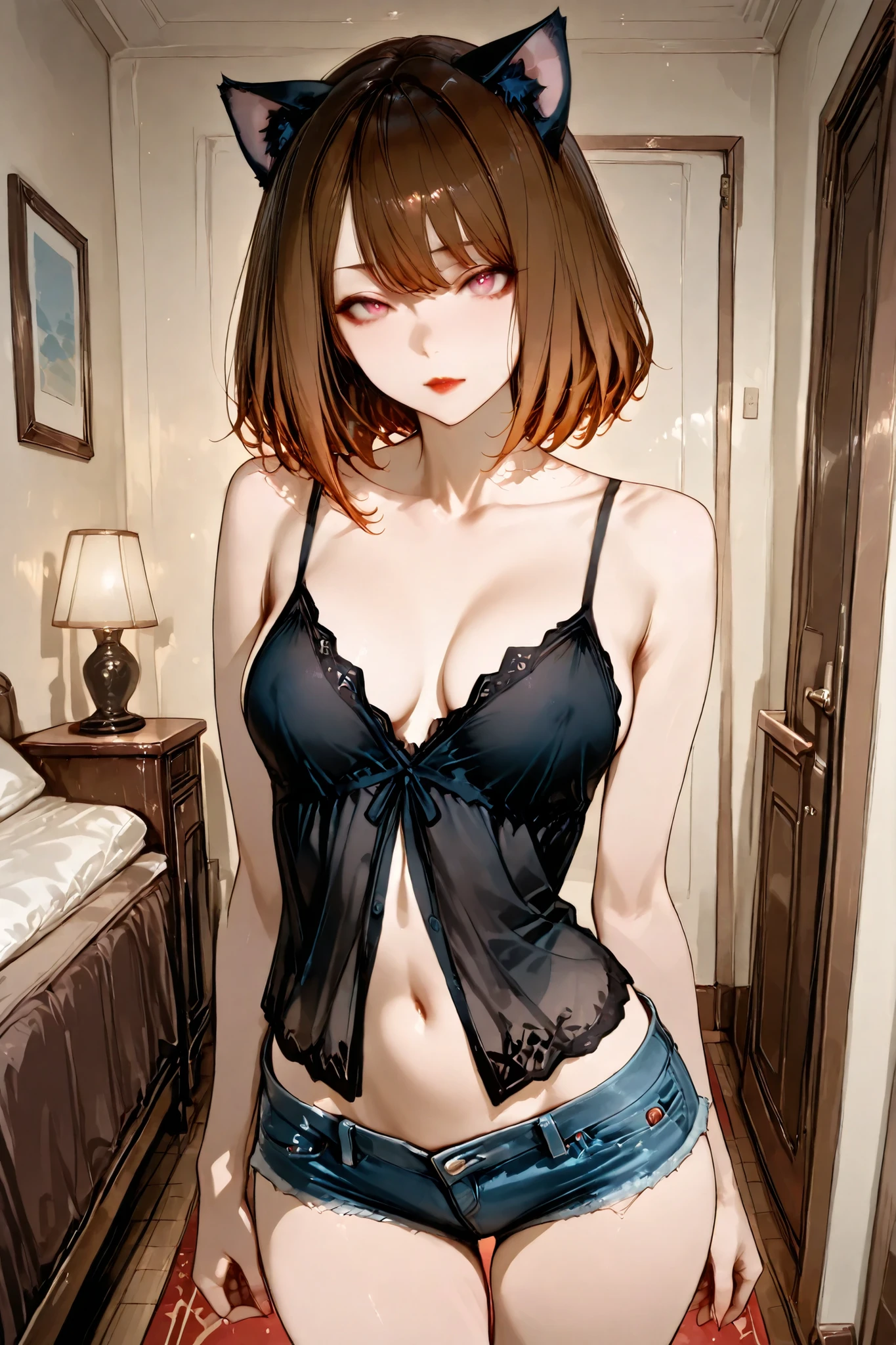 Masterpiece, best quality, ultra-detailed, 8k, rich-contrast.
A gothic-influenced catgirl, feminine curves, beautiful decollete, softly shining skin, collarbone-length chestnut-brown hair with smooth, beautiful eyes, delicate red lips, cat ears matching hair color.
She wears a bratop, denim mini shorts.
On a private room, sweet atmosphere, balanced-exposed and soft shadows,
standing beside the bed, provocative posture, softly glancing at the viewer with innocent allure.
Intimate medium shot, slightly low angle.