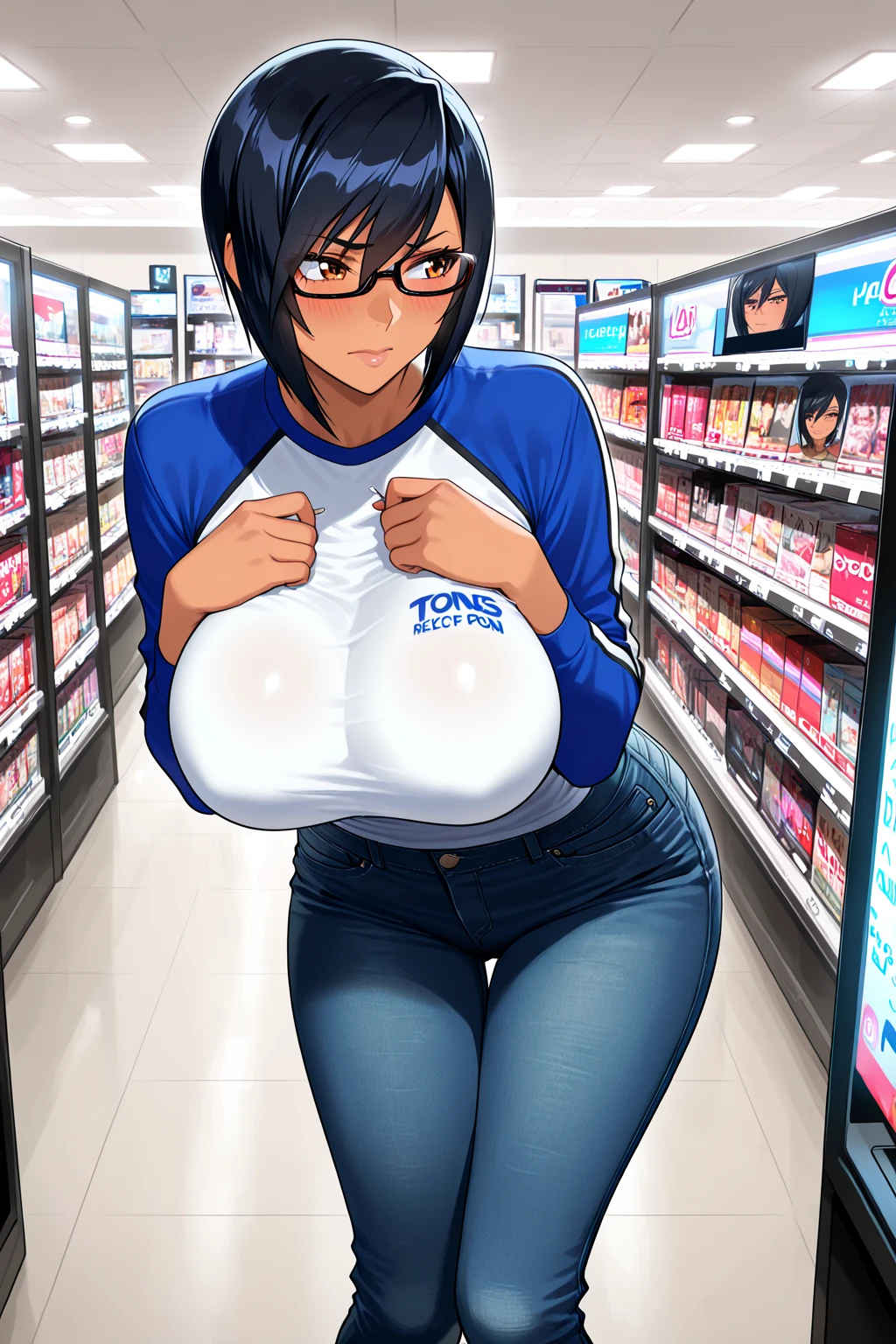 Score_9, score_8_up, score_7_up, score_6_up, score_5_up, score_4_up, source_anime, cute mother, detailed eye, , jewelry, accessories, huge breasts, huge , dark ,  slip, long , dark , hairy stomach hair, hairy armpit hair, Japanese, cute Japanese, sweating, heart mark words, in supermarket, hugging with little boy, family atmosphere, hugging, upper body only, makeup, kid together, , , blushing,  tits, , one arm holding kid, one arm raised, 