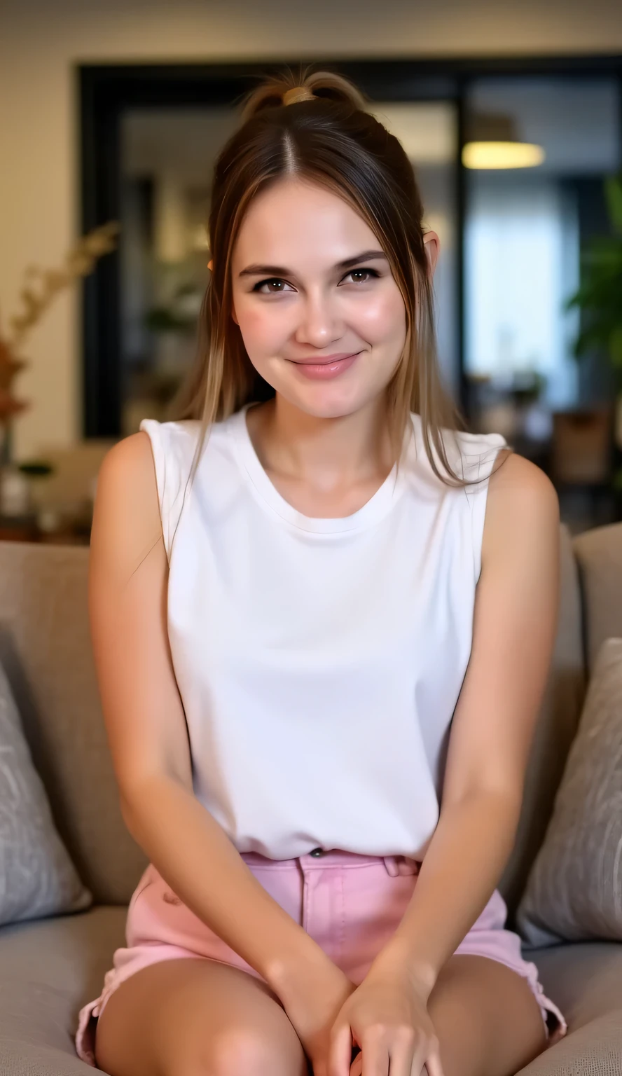 A teenage woman, sitting on the living room sofa, body facing the camera, POV from front of body, face looking at camera, wears white sleeveless slimfit t-shirt, pink shorts, dada besar, rambut ponytail, wajah tersenyum