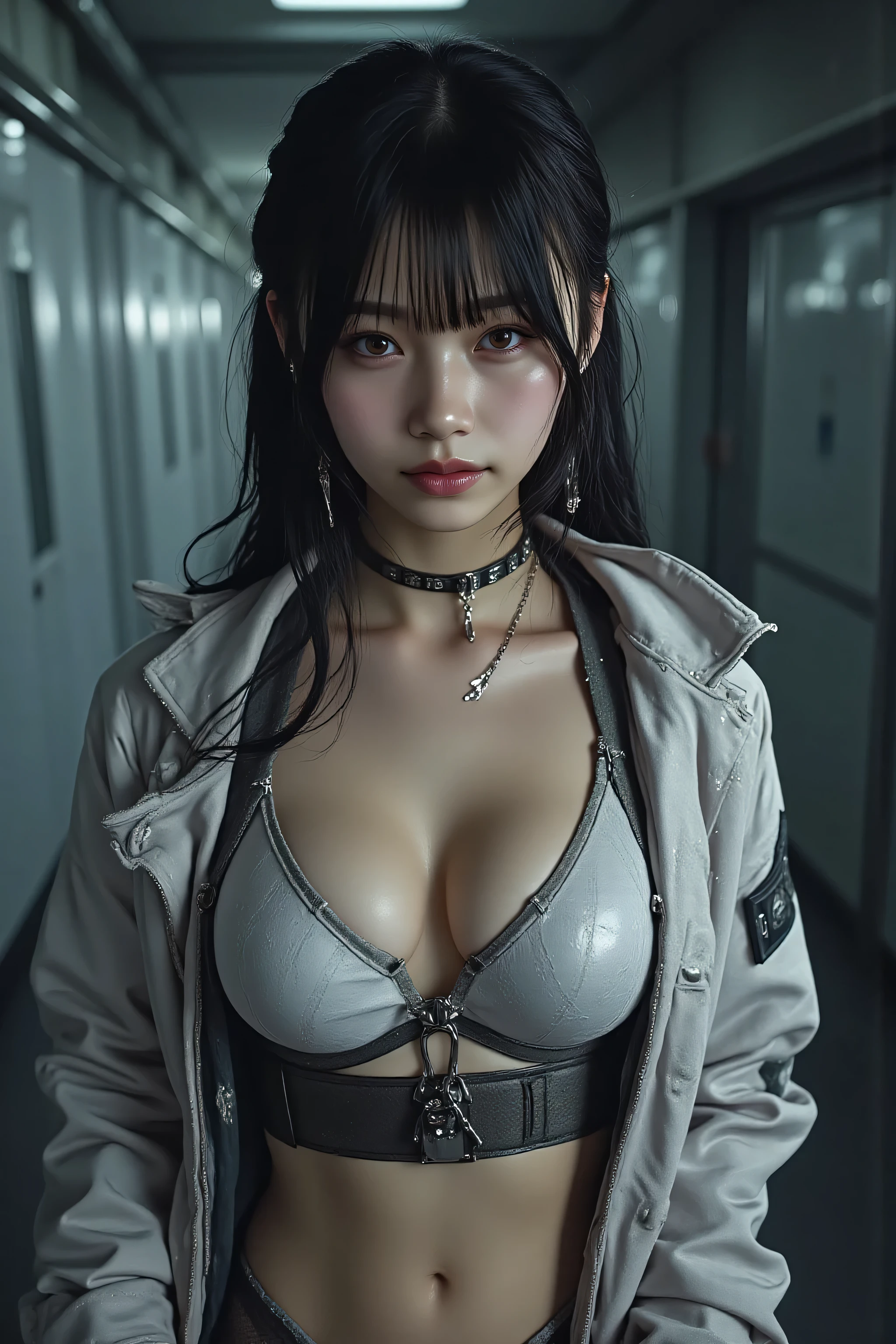 (((The pitch-dark interior of the Nostromo ship:2.0))),(((HR Gigger Style Cyberpunk Atmosphere:2.0))),one woman,(cute face:1.5),(Beautiful well-balanced face :1.7),((wavy black hair:2.0)),(beautiful eyes:1.3),Glamorous Shot of a 20-Year-Old Japanese Woman,Beautiful Slender Body,((model body type:2.0)),((slim body:1.7)),smooth lotion,ideal proportions,((big breasts:2.0)),((F cup chest:1.5)),big boobs,Bare thighs,sensual thighs,delicate body,(muscular:1.7),harmonious posture,((Realistic breast depiction :1.7)),((Carefully Depict Limbs Based on Perfect Anatomy:2.0)),((Dull White Special Forces Style Harness Super Hi-leg Leotard:2.0)),((dirty white super high leg leotard:2.0)),((((white military coat with open front:2.0))),((tactical holster:2.0)),(((Fishnet tights with garter belt:2.0))),(Gloves:1.3),Concept Art,(Highest Quality:1.5),(masterpiece:1.5),(超高Resolution),Resolution,UHD,(Delicate Depiction),carefully drawn,32k,((Realistic Skin Texture:1.5)),(((Ultra Realistic:1.5))),carefully drawn eyelashes,highly detailed face with upper body floating,highly detailed female hands,sexy appearance,very sensual,(Blurry, dim background:1.5),professional photography,(Movie Lights:2.0),((Blade Runner Style Lighting:2.0))
