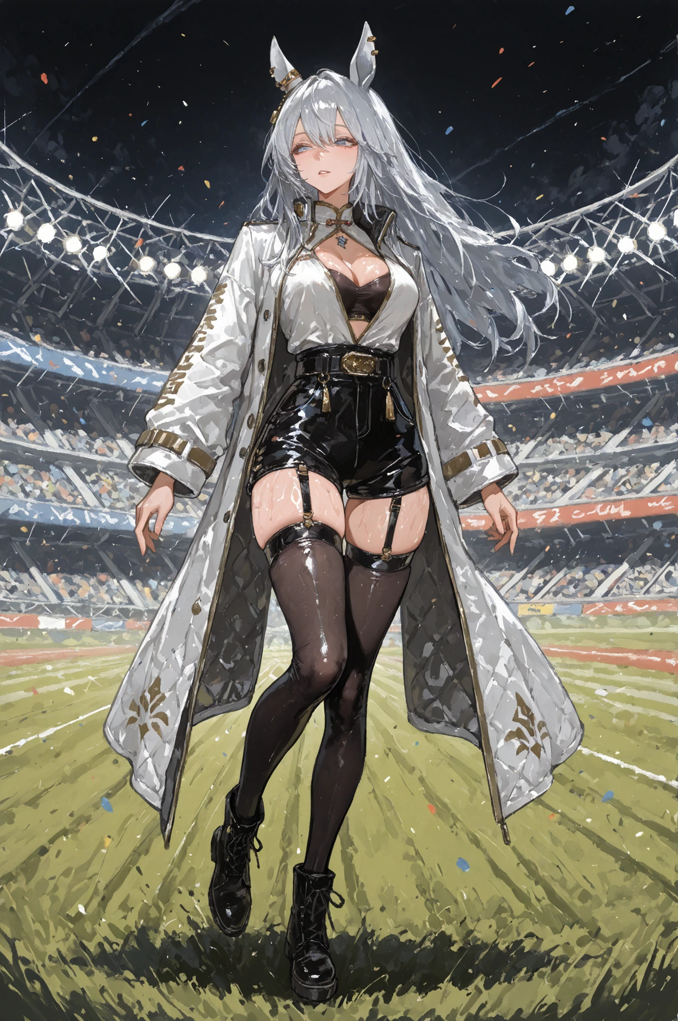 Uma Musume、horse ear、Jirio Mahonoko、 A sophisticated eye 、Full Body、GBF_style、748cm style for bigi、32K、semi-realistic、  super detailed description on the front 、art work、Original Work、 Detailed Color、 detailed eyes、 detailed face 、Detailed Eyes、detailed eyes、Exquisite eyes, The best傑作、professional job、Beautiful , Lots of Piercings, pop art, Shiny Oily Skin, realistic skin, The best, long hair, blue eyes,    cool look, narrowed her eyes, viewers, Silver Hair、lawn、Racecourse、Turf、Race Course 、dynamic pose 、緑のlawn,Racecourse、lawn、Black Knee Socks、緑のlawn、black hotpants、black hotpants、black tights、lawnの上、frustrated、Three-quarter sleeves、3/4 sleeve long coat、white coat、garter belt for only one leg、black long boots、open your chest、black inner