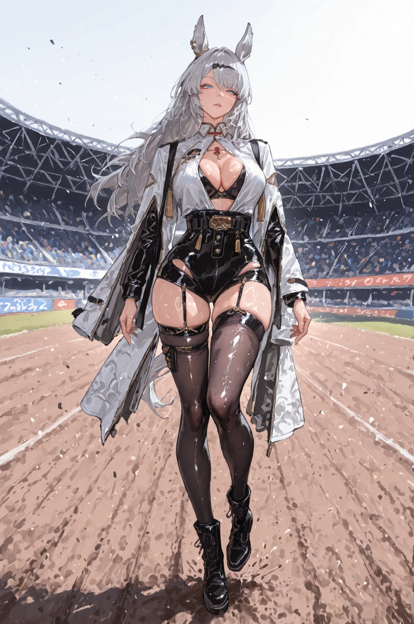 Uma Musume、horse ear、Jirio Mahonoko、 A sophisticated eye 、Full Body、GBF_style、748cm style for bigi、32K、semi-realistic、  super detailed description on the front 、art work、Original Work、 Detailed Color、 detailed eyes、 detailed face 、Detailed Eyes、detailed eyes、Exquisite eyes, The best傑作、professional job、Beautiful , Lots of Piercings, pop art, Shiny Oily Skin, realistic skin, The best, long hair, blue eyes,    cool look, narrowed her eyes, viewers, Silver Hair、lawn、Racecourse、Turf、Race Course 、dynamic pose 、緑のlawn,Racecourse、lawn、Black Knee Socks、緑のlawn、black hotpants、black hotpants、black tights、lawnの上、frustrated、Three-quarter sleeves、3/4 sleeve long coat、white coat、garter belt for only one leg、black long boots、open  clothes、black inner、BLACK INNER SHIRT