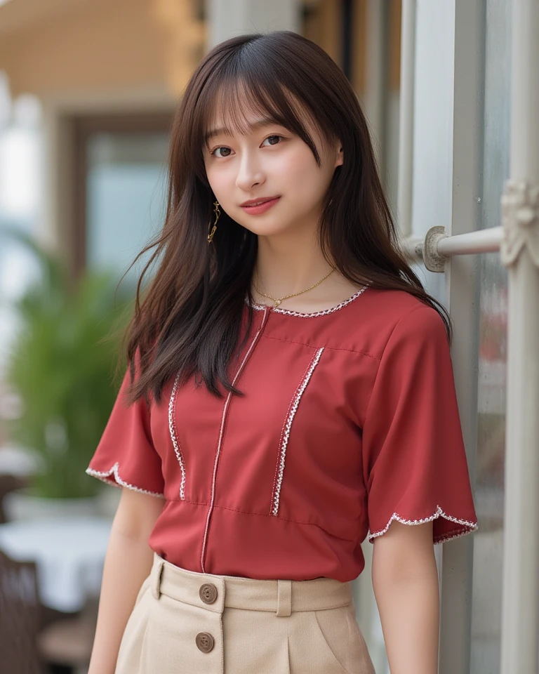 best quality, 4k, 8k, Detailed faces, clear face, pretty girls, Korean makeup, Red lips, laugh, perfect body, , thigh, Skirt, shirts, View of orchards, fruit trees,