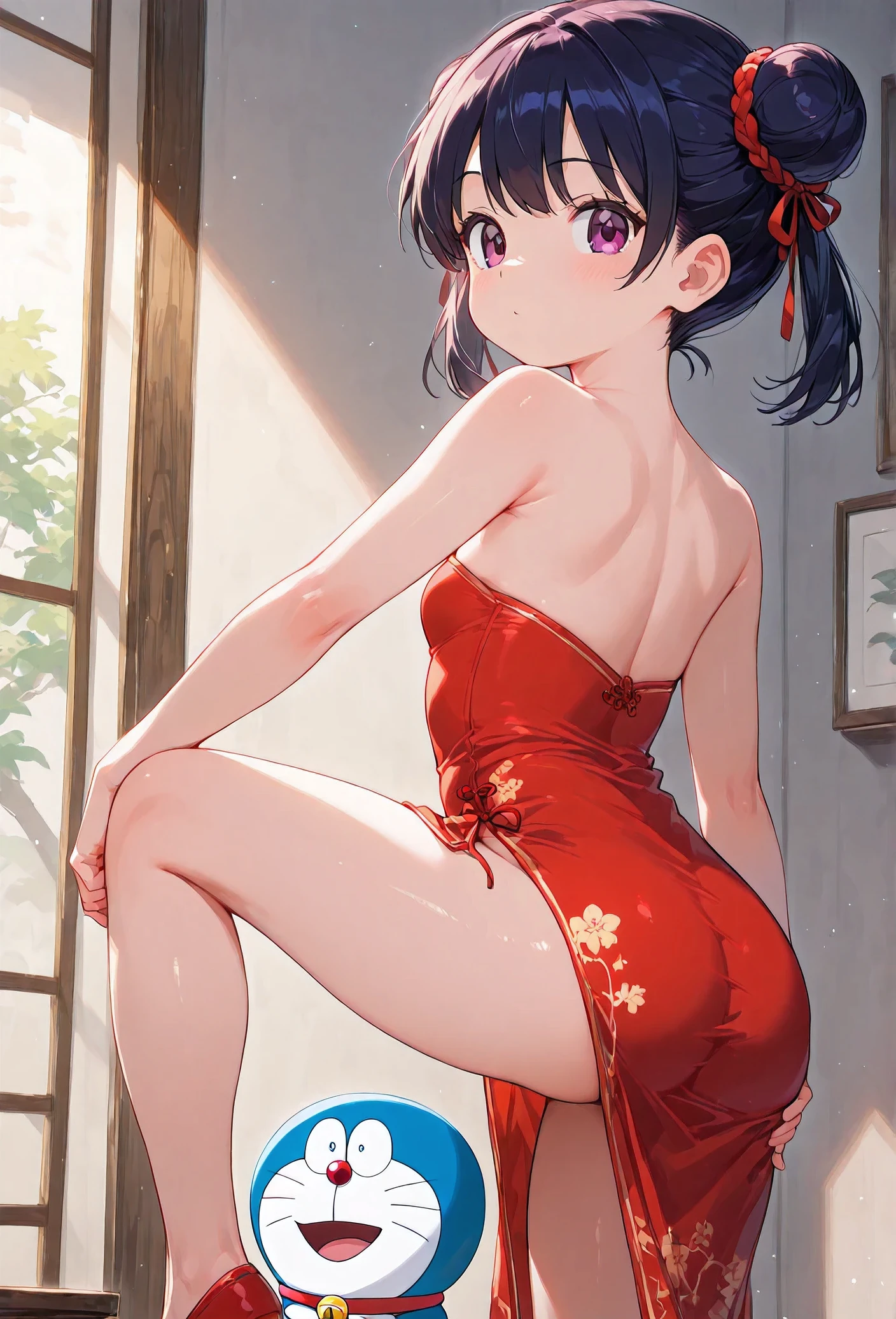 Shizuka Minamoto (Doraemon),robe bustier de Chine.debout.jambes.Tartelettes.Âne.nu. genou levé 