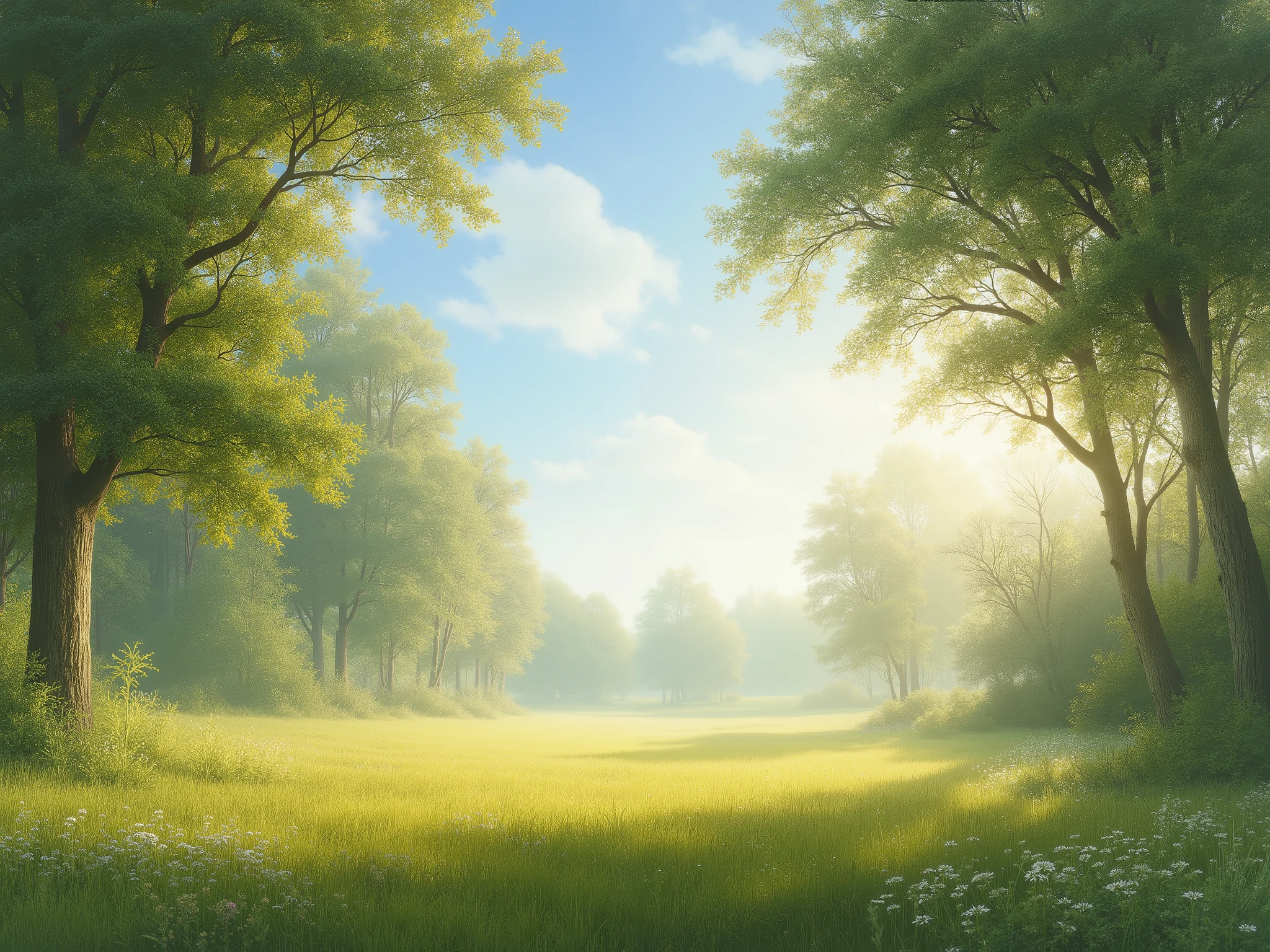 Peaceful forest, green pastel colors, sunshine,