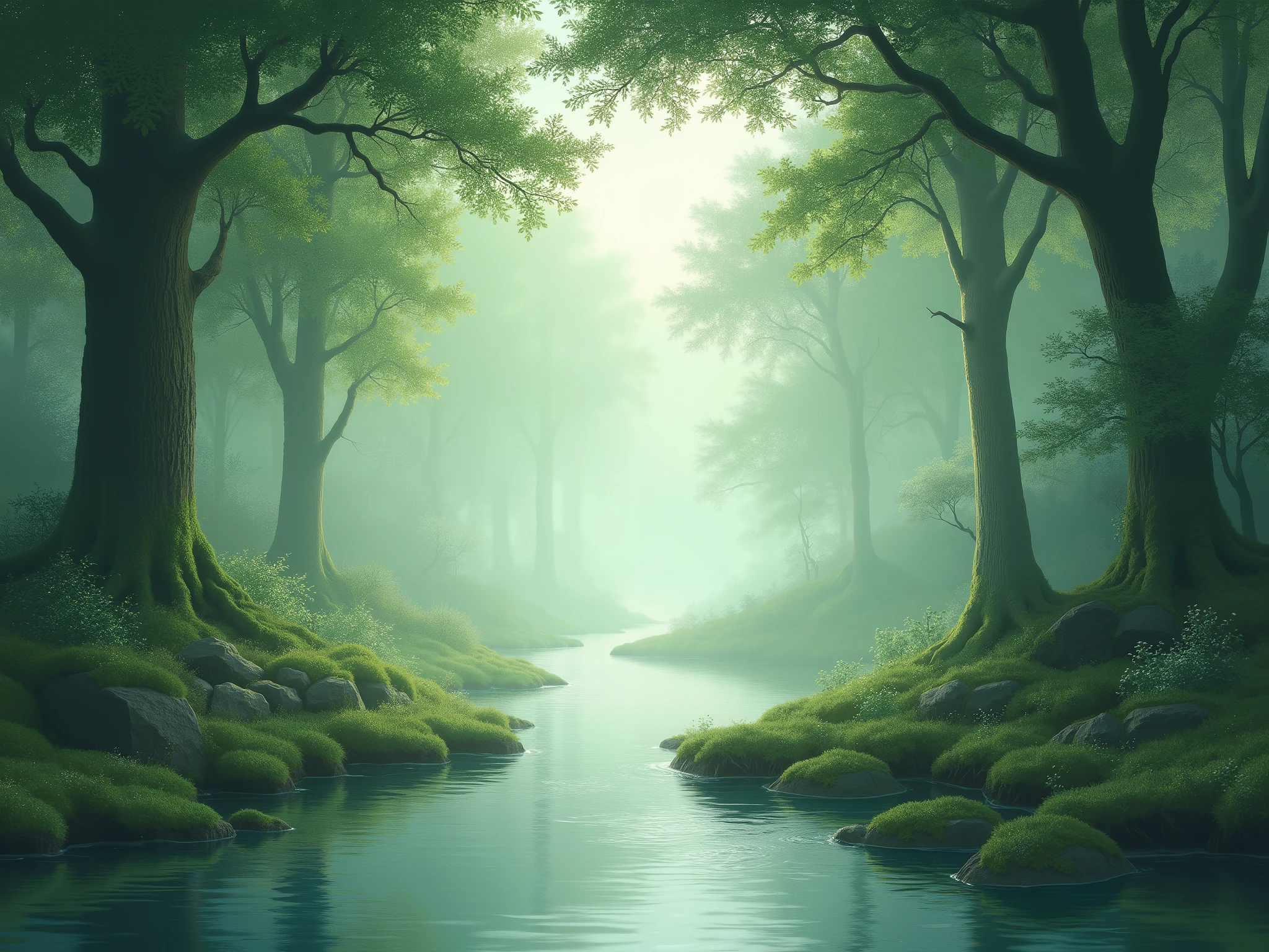 Peaceful forest, green pastel colors, sunshine, little river,