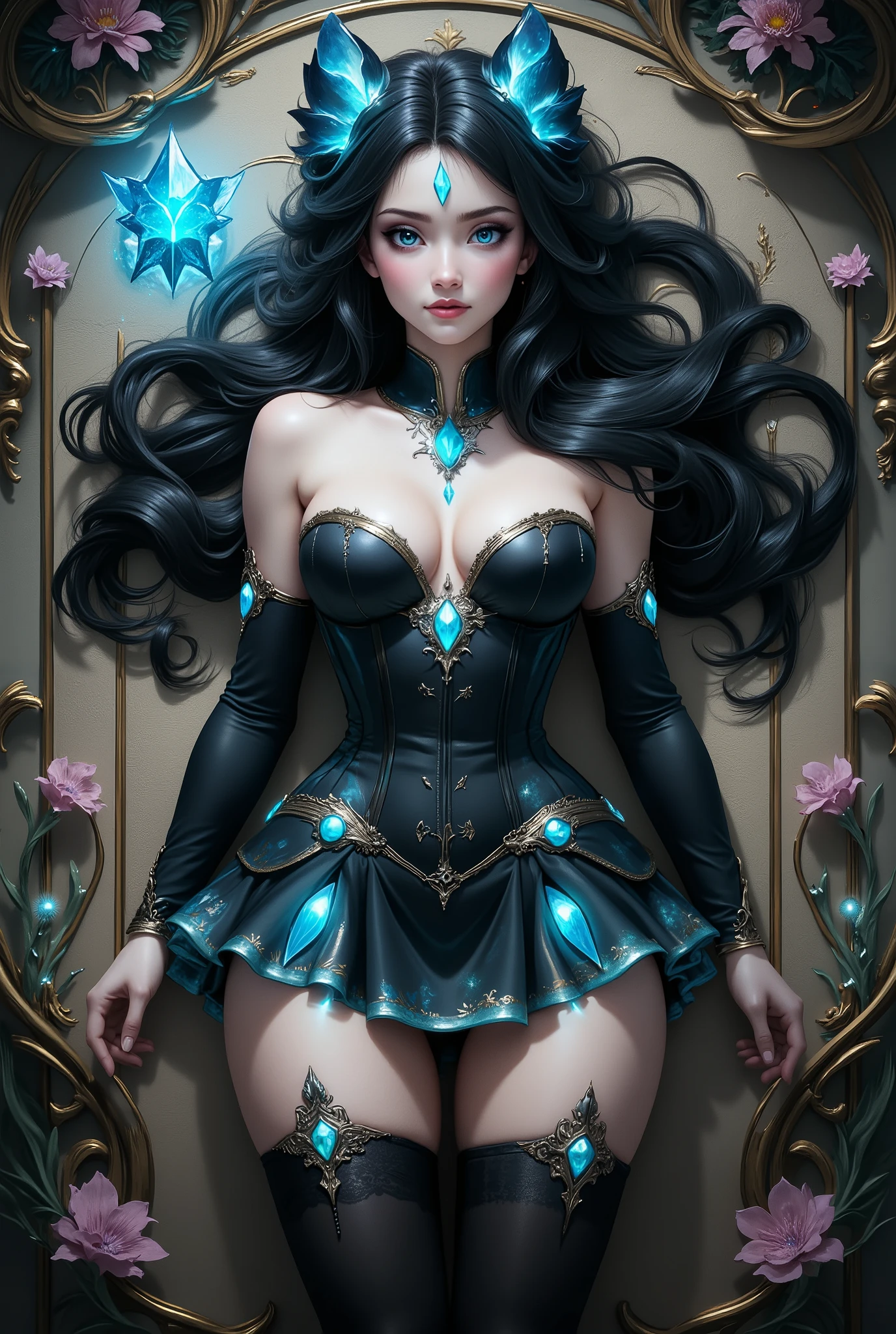Character & Pose
- Body position: Gracefully lying on a decorative surface, relaxed yet elegant posture.
- Hair: Long, flowing black hair spread around her head in a dramatic, symmetrical arrangement.
- Facial expression: Calm and mysterious, enhancing the magical and fantasy vibe.
---
👗 Costume & Accessories
- Black corset: Highly detailed, sculpted to emphasize a slim and feminine silhouette.
- Glowing turquoise gemstones: Embedded in the corset and thigh-high stockings, suggesting magical energy or enchanted technology.
- Short layered skirt: Adds movement and sensuality, fitting for a sorceress or fantasy adventurer.
- Thigh-high stockings: Decorated with matching gemstones, creating a cohesive design from head to toe.
---
🌌 Background & Atmosphere
- Decorative surface: Rich with floral and ornamental patterns, evoking a royal or high-fantasy setting.
- Blue glowing star-shaped object: Positioned near her left shoulder, possibly a magical artifact, familiar spirit, or source of power.
- Soft ambient lighting: Highlights the character in a cinematic way, creating a serene and captivating mood.
---
🎨 Artistic Style
- High detail: Realistic rendering with illustrative flair, ideal for concept art in games or graphic novels.
- Color palette: Dominated by black and turquoise, evoking mystery, elegance, and cool-toned magic.
- Composition: Character-centered, with the background enhancing rather than distracting.