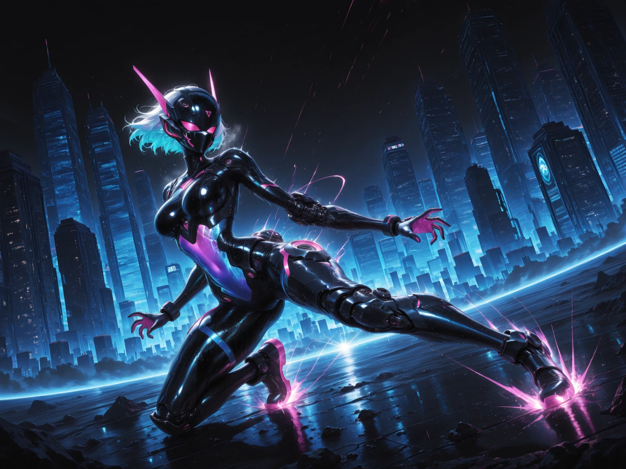 mechanical creatures,creature conflict,in the outer space,body glows softly, ninja style super-villain,Super Detailed,dynamic action pose ,fast movement,damaged body,(masterpiece), (top quality), (very detailed), (8k), (perfect anatomy)、(posing with lots of movements)、(dynamic angles)、( random angles ),Fighting monsters,the appeal of a sweaty、high altitude , tilted angle,neon gradient,futuristic skyscraper district,panoramic view,