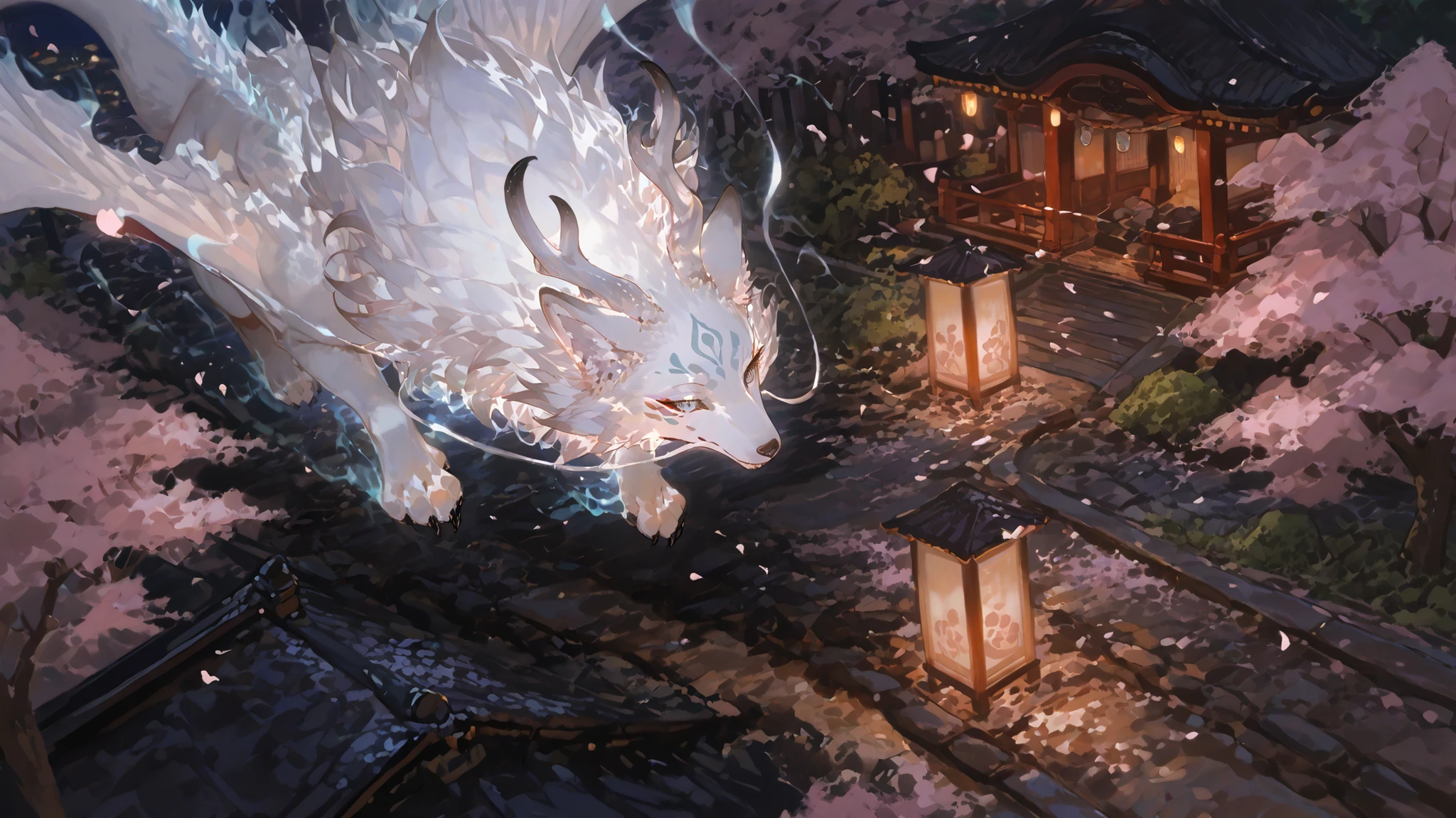 Japanese ink painting, fine brush strokes, ethereal outlines fading seamlessly into the background, night, close up overhead view of a parade of demons, the demons each vary, we see traditional horned demons with wings and tails, there are ethereal ghost outlined by a pale glow, fox spirits with ornate face markings wearing dark yukatas, rabid tanukis, elegant serpent dragon in background, glowing lanterns, traditional Japanese architecture, traditional japanese city street, dirt road paths, leafy cherry blossom trees, falling petals, from above, masterpiece:1.5, best quality, high contrast, highest resolution, 4K, 8K