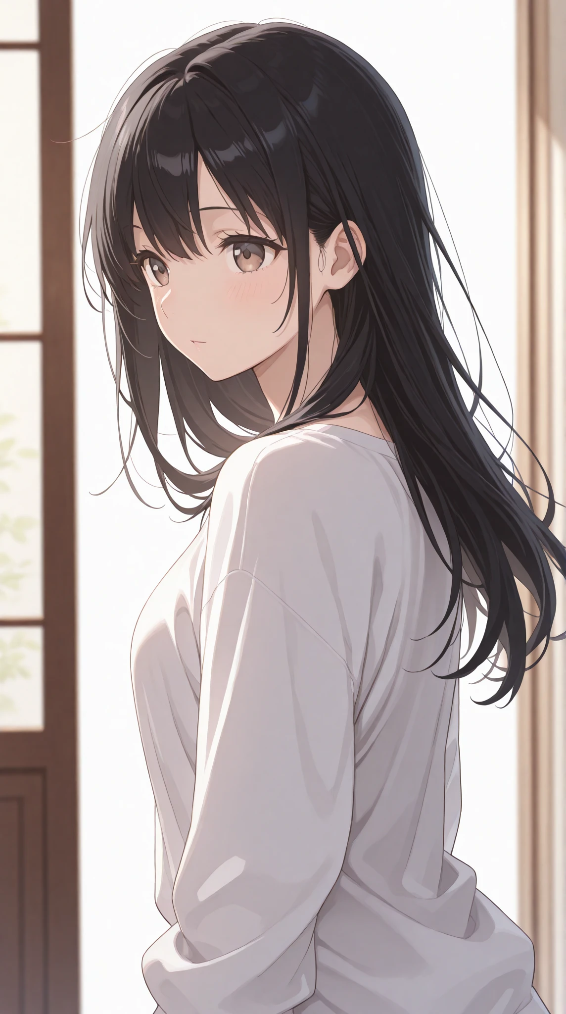 (looking away:1.5), side angle, Realistic, real person, (pale skin: 1.2), upper body, RAW photo, photorealistic, shiny skin, shiny hair、(A 25-year-old woman with medium-length hair and bangs) and (wavy hair) and (brown hair) and (Orange Eyes) , (White T-shirt) 、(smile:1.5), open mouth, The background is the living room、Alone、Are standing