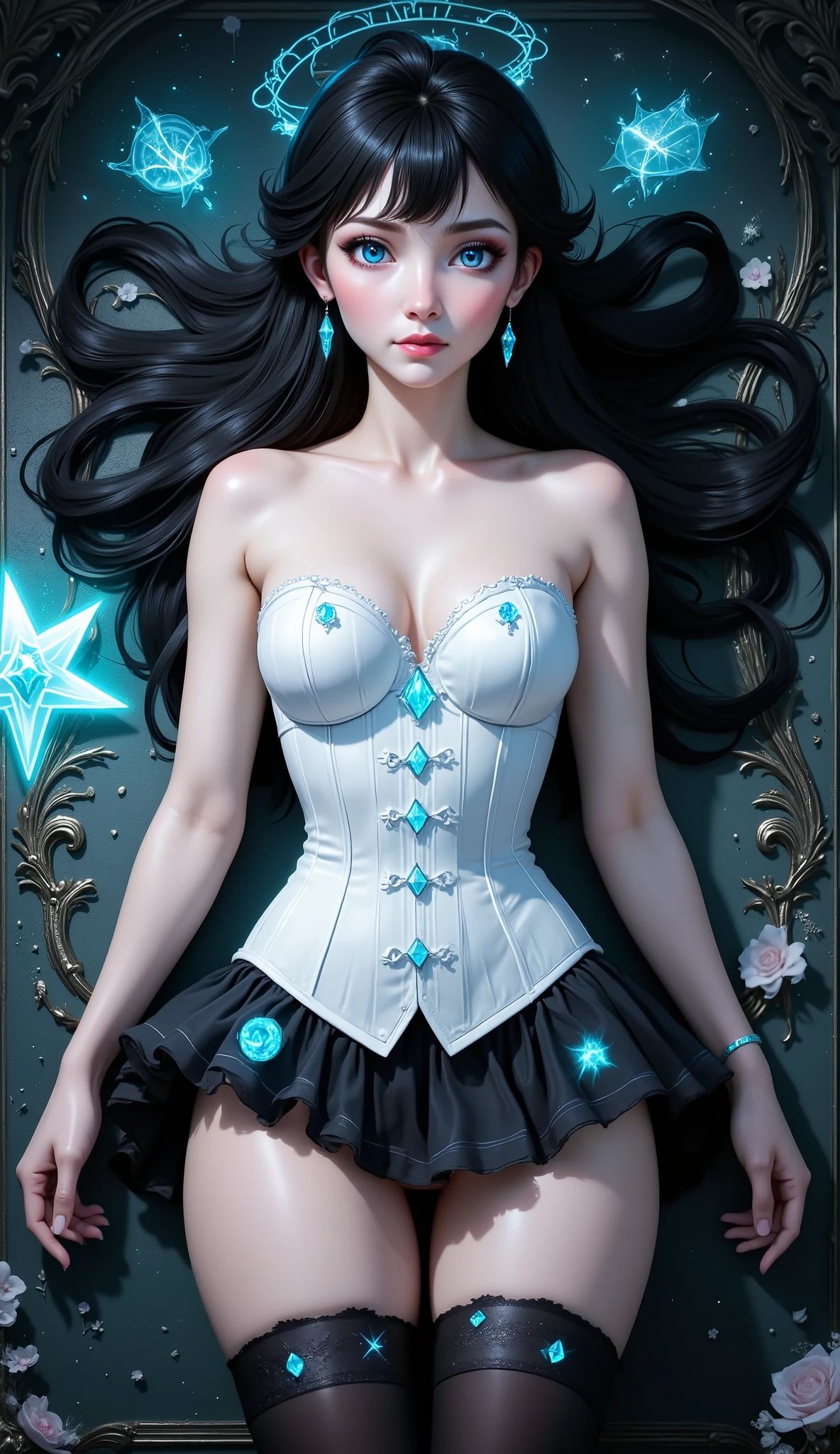 Character & Pose
- Body position: Gracefully lying on a decorative surface, relaxed yet elegant posture.
- Hair: Long, flowing black hair spread around her head in a dramatic, symmetrical arrangement.
- Facial expression: Calm and mysterious, enhancing the magical and fantasy vibe.

---

👗 Costume & Accessories
- white crystal corset: Highly detailed, sculpted to emphasize a slim and feminine silhouette.
- Glowing turquoise gemstones: Embedded in the corset and thigh-high stockings, suggesting magical energy or enchanted technology.
- Short ruffle layered skirt: Adds movement and sensuality, fitting for a sorceress or fantasy adventurer.
- Thigh-high stockings: Decorated with matching gemstones, creating a cohesive design from head to toe.

---

🌌 Background & Atmosphere
- Decorative surface: Rich with floral and ornamental patterns, evoking a royal or high-fantasy setting.
- Blue glowing star-shaped object: Positioned near her left shoulder, possibly a magical artifact, familiar spirit, or source of power.
- Soft ambient lighting: Highlights the character in a cinematic way, creating a serene and captivating mood.

---

🎨 Artistic Style
- High detail: Realistic rendering with illustrative flair, ideal for concept art in games or graphic novels.
- Color palette: Dominated by black and turquoise, evoking mystery, elegance, and cool-toned magic.
- Composition: Character-centered, with the background enhancing rather than distracting.