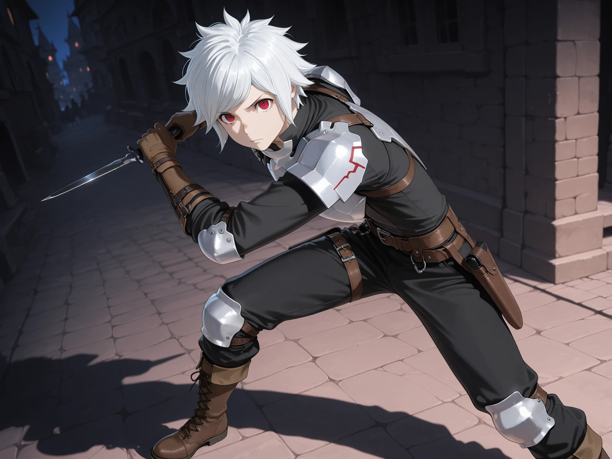 belcranel, 1boy, male focus, solo, white hair, red eyes, armor, shoulder armor, brestplate, shirt, black shirt, long sleeves, arm armor, gloves, brown gloves, belt, pants, black pants, holster, boots, brown footwear, knee pads, black knife, holding black knife, fight stance, looking at viewer, night, dark alleyway background, (masterpiece),(best quality),(ultra-detailed),(best illustration),(best shadow),(absurdres),(detailed background),(very aesthetic),