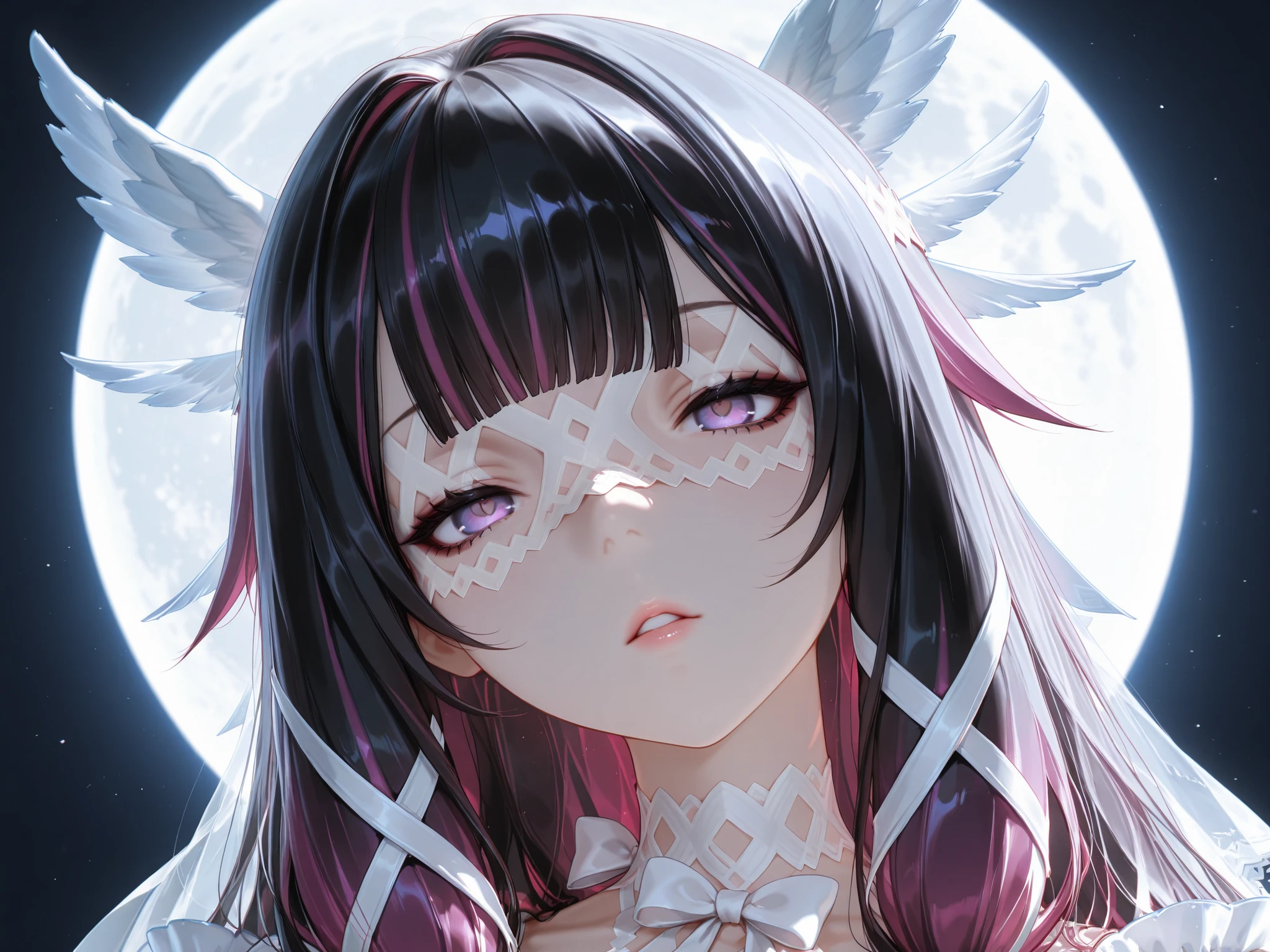 masterpiece, best quality, amazing quality, very aesthetic, highres, absurdres, dramatic lighting, dynamic angle, Columbina \(genshin impact\), eye mask, x hair ornament, wing hair ornament, head wings, portrait, dark background, vignetting, large moon background, backlighting, parted lips, head tilt, veil, purple eyes, crescent moon in her eyes