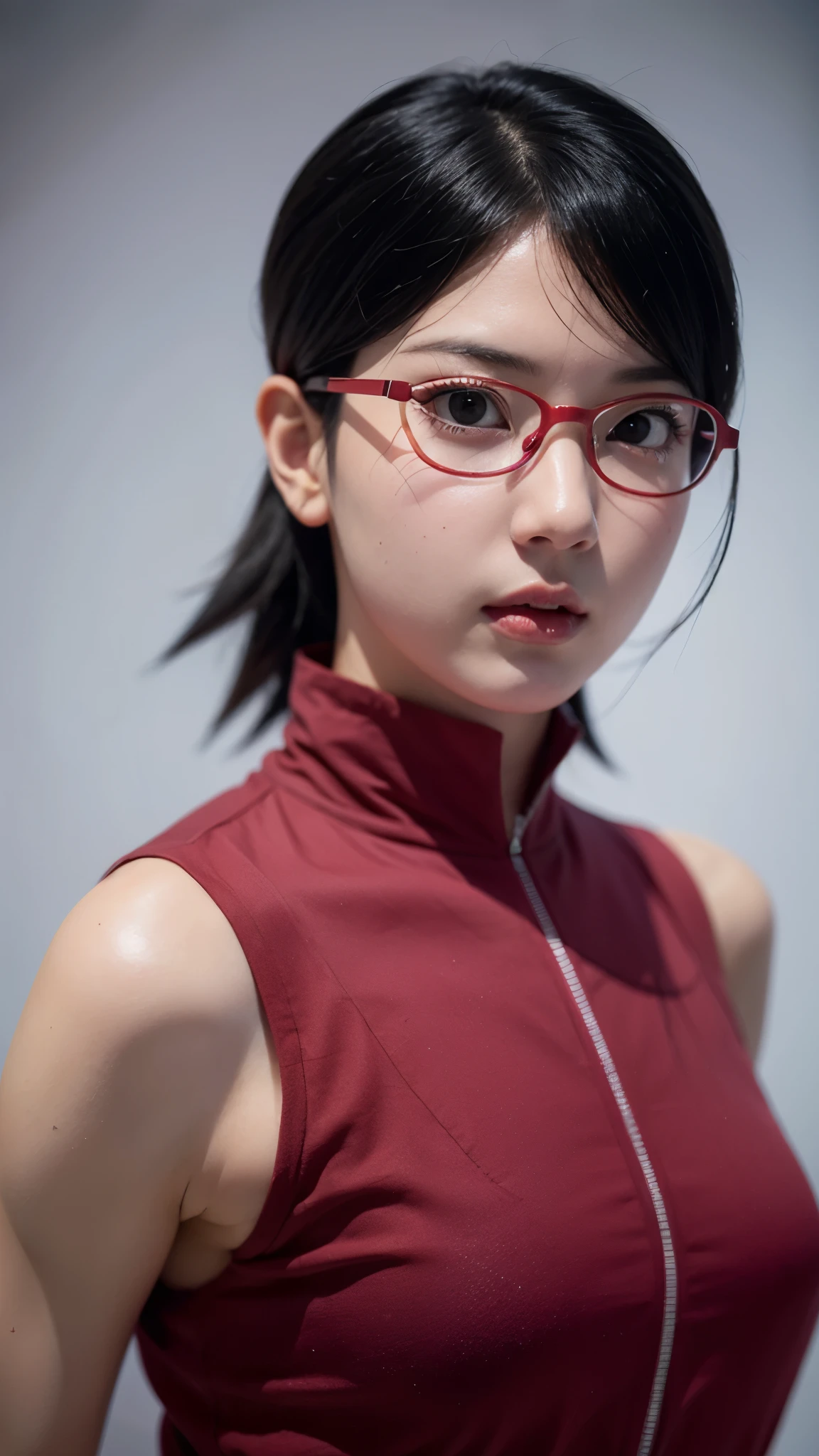 Masterpiece,Solo,One Girl,Sarada Uchiha,(Boruto),,Perfect Body,Ultra High Quality,Ultra High Resolution,Photograph 16K,Ultra Detailed,Short Hair,Glasses,Theme School Girl,School Girl Short Sleeve Suit Japanese,Beautiful,Beautiful Woman,Classroom Background,Short Skirt