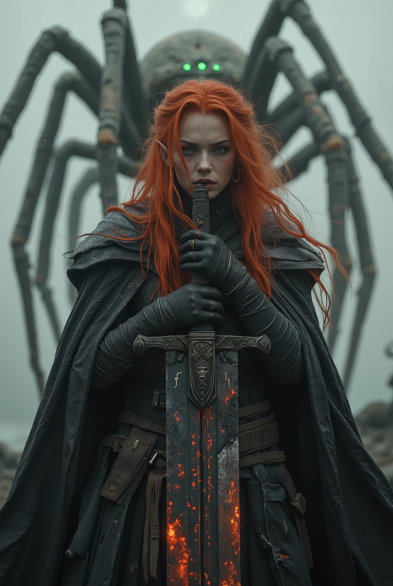 An ultra-realistic dark fantasy cinematic portrait of a red-haired elven warrior standing in a fog-shrouded wasteland. Her long fiery hair flows like living flame around her face, revealing finely shaped elven ears adorned with silver rings and ancient runic piercings. She wears a dark obsidian armor with intricate engravings of forgotten symbols, combined with a torn black cloak fluttering in the cold wind. In her hands, she holds a massive broad sword forged from blackened steel, its blade wide, ancient, and glowing faintly with crimson runes pulsing like embers. Behind her towers a colossal spider, pale and skeletal, its limbs cracking the earth, eyes burning with green infernal fire. Dust and mist spiral through the air under the dim light of a dying moon. UHD HDR 128K, ultra-detailed 2:3 composition, cinematic depth, realistic skin pores, wind effects on hair and fabric, atmospheric lighting, dark fantasy mood, epic scale, hyperreal textures.