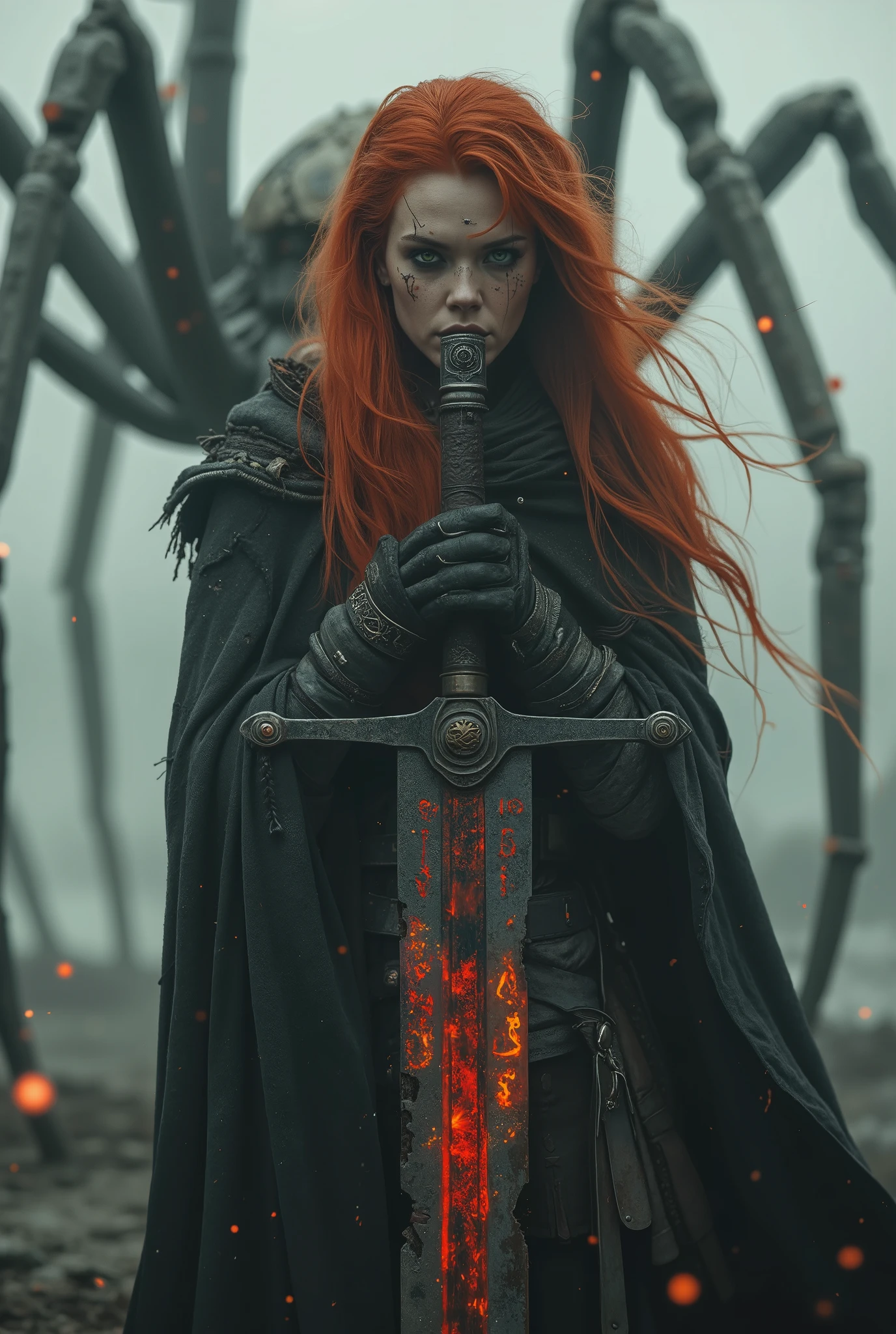 An ultra-realistic dark fantasy cinematic portrait of a red-haired elven warrior standing in a fog-shrouded wasteland. Her long fiery hair flows like living flame around her face, revealing finely shaped elven ears adorned with silver rings and ancient runic piercings. She wears a dark obsidian armor with intricate engravings of forgotten symbols, combined with a torn black cloak fluttering in the cold wind. In her hands, she holds a massive broad sword forged from blackened steel, its blade wide, ancient, and glowing faintly with crimson runes pulsing like embers. Behind her towers a colossal spider, pale and skeletal, its limbs cracking the earth, eyes burning with green infernal fire. Dust and mist spiral through the air under the dim light of a dying moon. UHD HDR 128K, ultra-detailed 2:3 composition, cinematic depth, realistic skin pores, wind effects on hair and fabric, atmospheric lighting, dark fantasy mood, epic scale, hyperreal textures.
