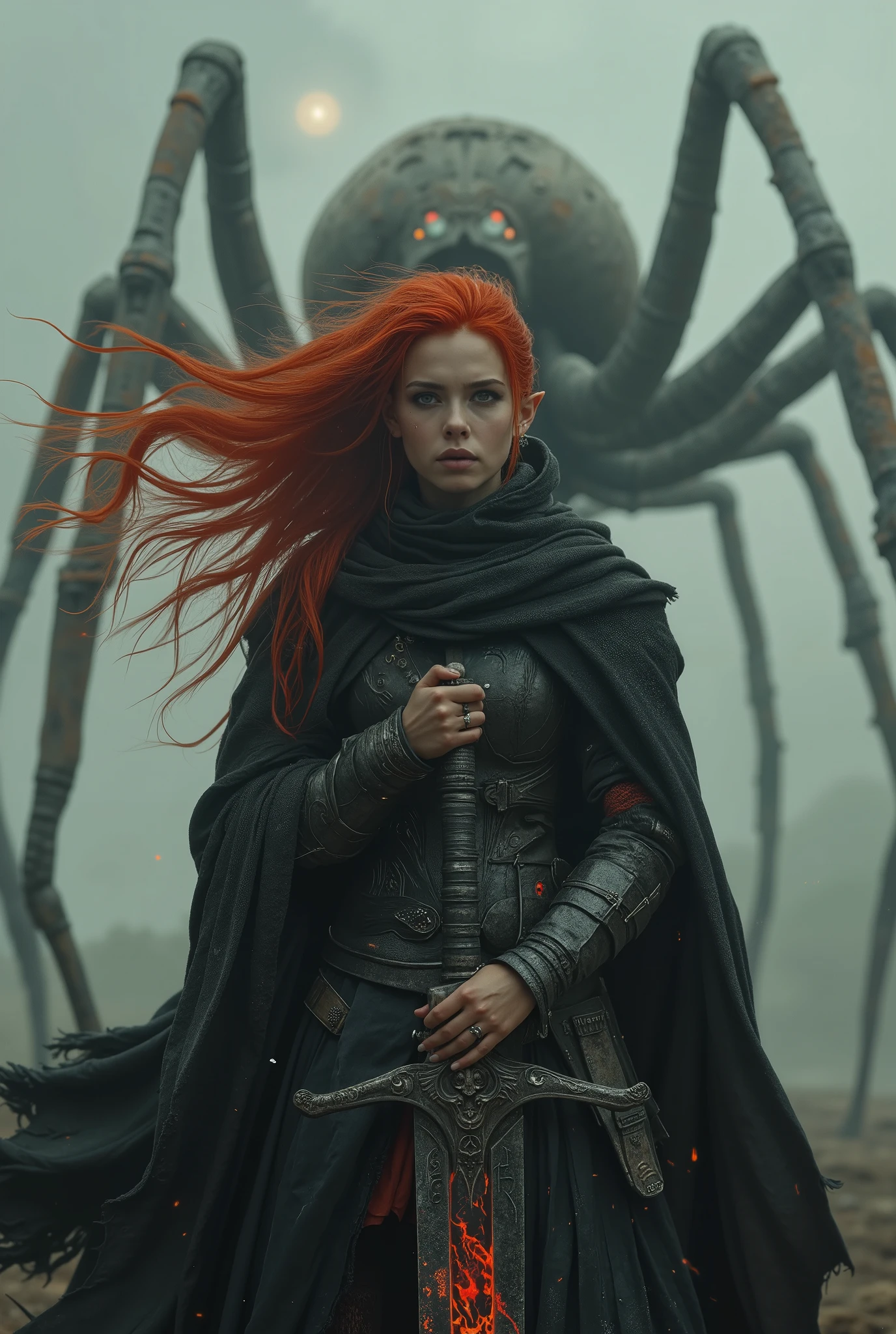 An ultra-realistic dark fantasy cinematic portrait of a red-haired elven warrior standing in a fog-shrouded wasteland. Her long fiery hair flows like living flame around her face, revealing finely shaped elven ears adorned with silver rings and ancient runic piercings. She wears a dark obsidian armor with intricate engravings of forgotten symbols, combined with a torn black cloak fluttering in the cold wind. In her hands, she holds a massive broad sword forged from blackened steel, its blade wide, ancient, and glowing faintly with crimson runes pulsing like embers. Behind her towers a colossal spider, pale and skeletal, its limbs cracking the earth, eyes burning with green infernal fire. Dust and mist spiral through the air under the dim light of a dying moon. UHD HDR 128K, ultra-detailed 2:3 composition, cinematic depth, realistic skin pores, wind effects on hair and fabric, atmospheric lighting, dark fantasy mood, epic scale, hyperreal textures.