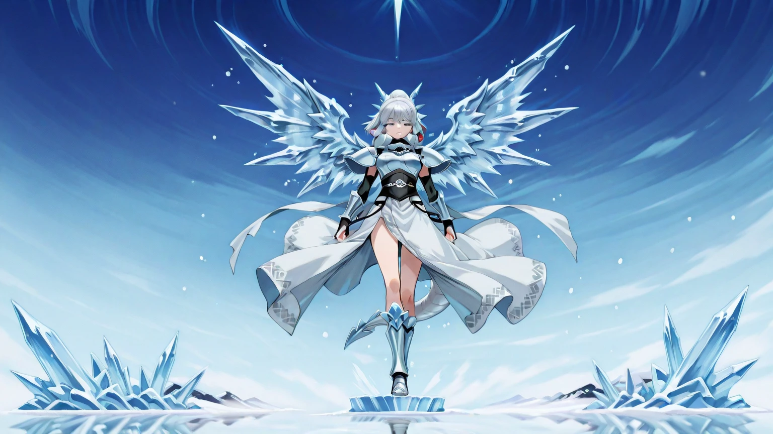 (​master piece, Best Quality),  Intricate details, valkyrie, kawaii, (((smile))), Hand up, Looking at Viewer, Feather Headgear, Flower meadow, (((flat breast)))  on top of the clouds, sitting
1 girl in, Solo, Portrait, Plutinum Blonde Hair, drooping iceblue eyes, Silver Single Thigh, White Independent Single Sleeve, iceblue gloves, Single braid, 
 mecha musume, White , Silver Reinforced Suit, Mini Feather Wings, iceblue pantyhose, full armor, flower decoration, equip sword,