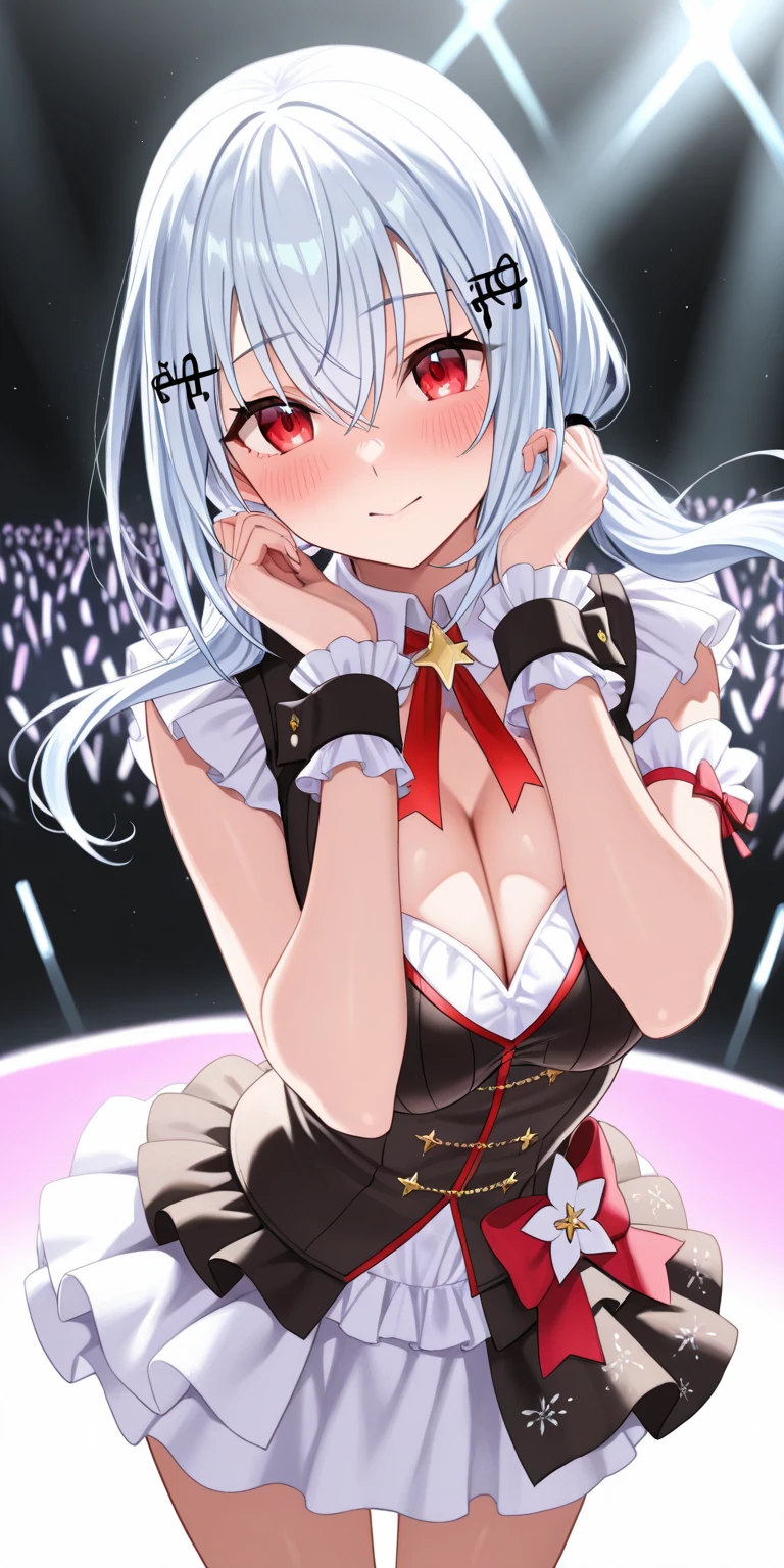 MLTD bg style, (best quality, 8K, masterpiece, HDR, ultra detailed:1.2), cinematic angle, (light particles, sparkle), lens flare, depth of field, bokeh, 
1girl, white gloves, open mouth, microphone, short puffy sleeves, glowstick, smile, petals, maid headdress, frills, blush, solo, stage, white thighhighs, belt, hair bow, hair ribbon, , idol, upper teeth only, looking away, aqua bow, frilled skirt, hair ornament, frilled dress, audience, solo focus, concert, zettai ryouiki, spotlight, stage lights, shiny hair, looking afar, buckle, belt buckle, elbow gloves, wing collar, jewelry, petticoat, navel,  