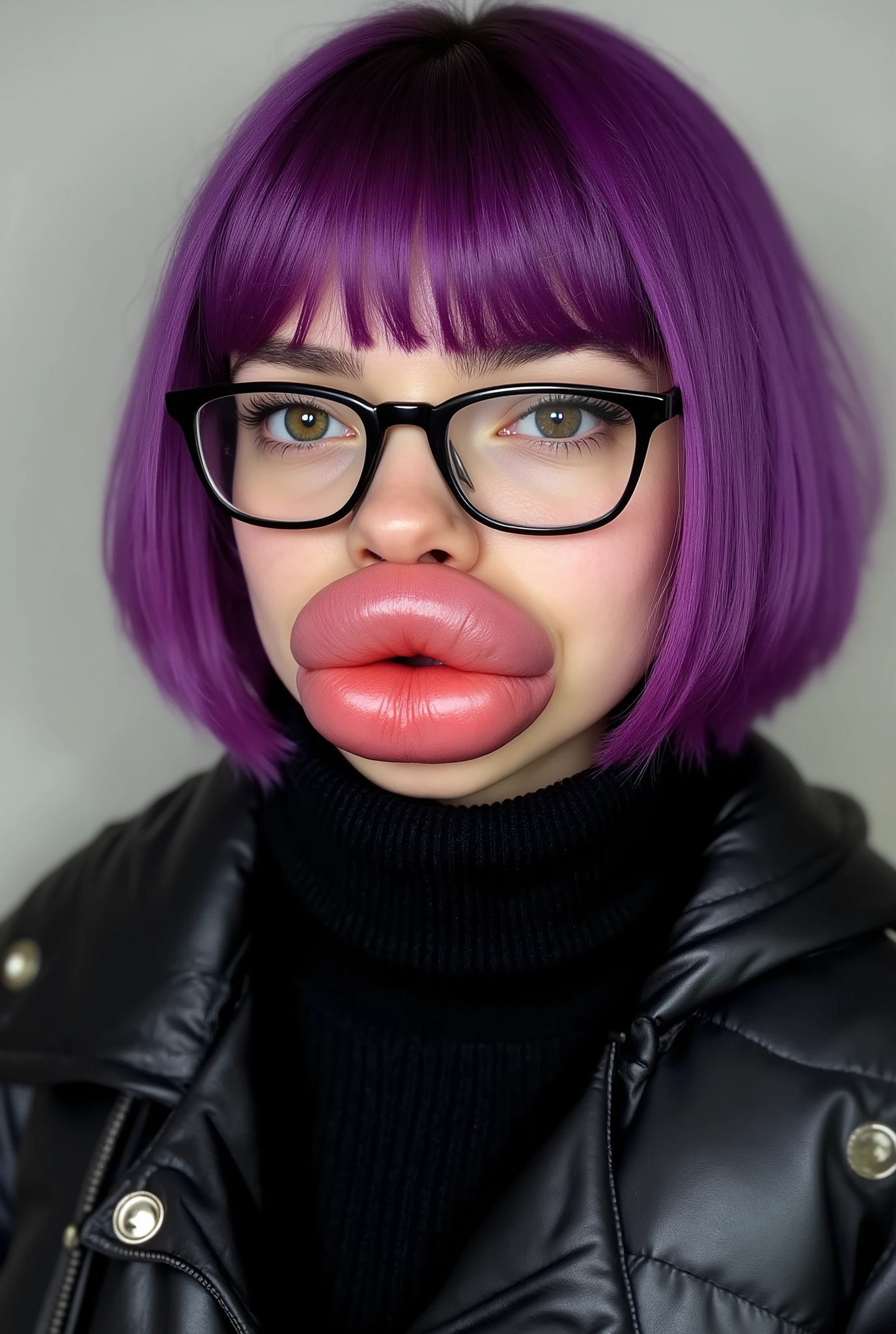  Girl with purple hair, Short straight bob line hair with bangs, 18 year old, wearing black slouchy ribbed wool turtleneck sweater underneath a black leather expensive puffer jacket, She is also wearing nerd glasses, botox face, face lifting, purple hair, brown eyes, medium shot, huge lips, Big lips , botox lips,